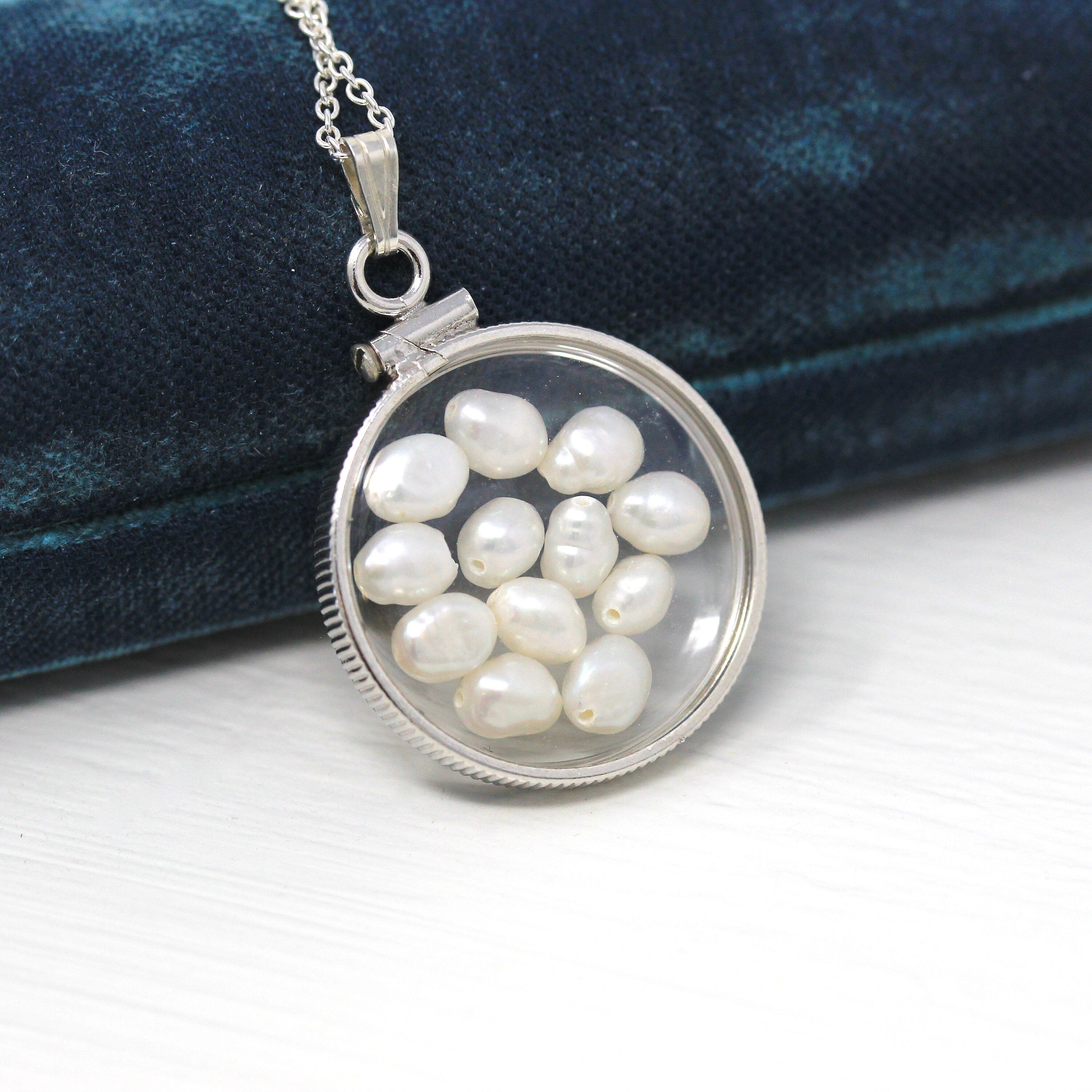 Baroque Pearl Shaker Locket - Handcrafted Sterling Silver Lucite Pendant Necklace Charm - June Birthstone Coin Bezel Nickel Sized Jewelry