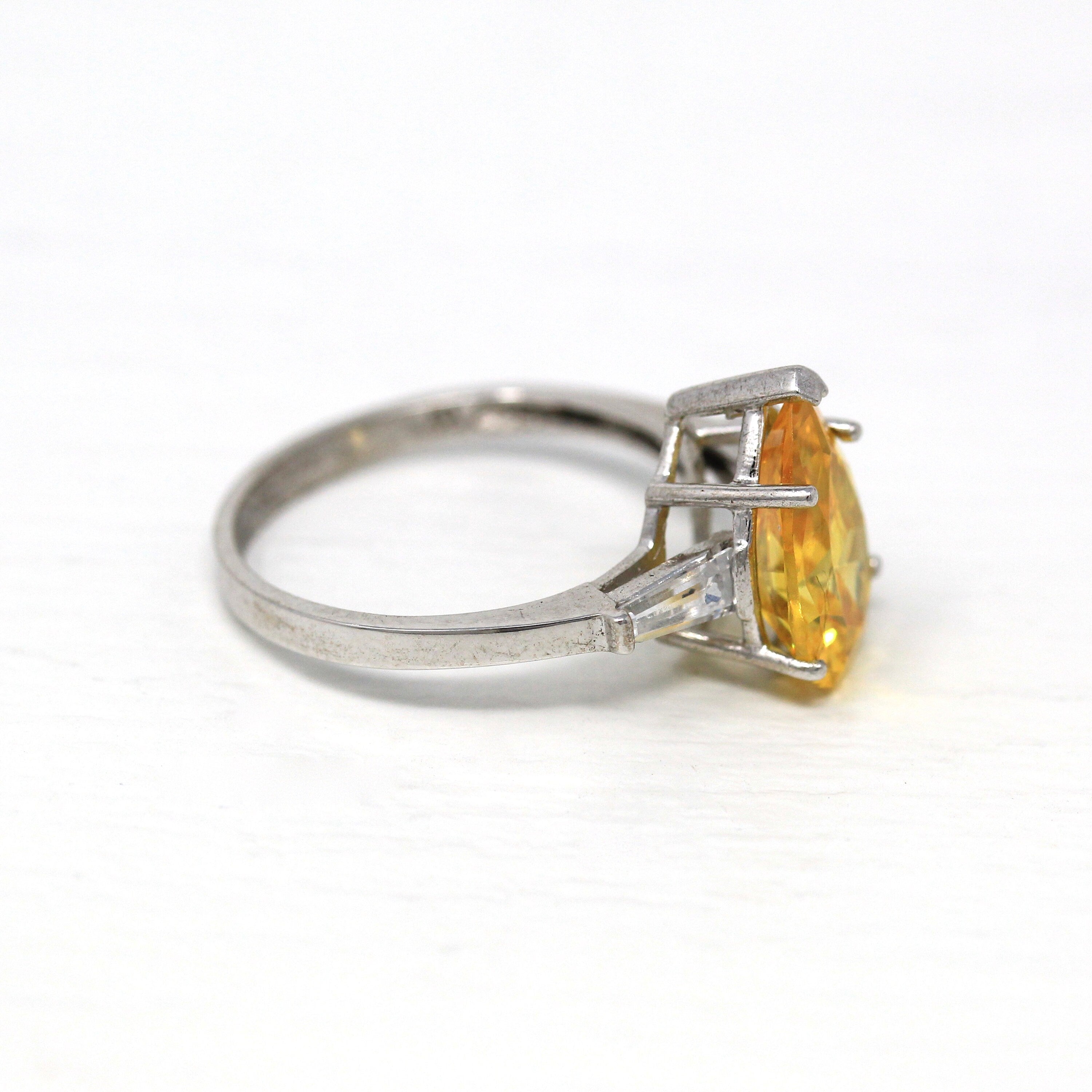 Sale - Modern Statement Ring - Estate 14k White Gold Pear Cut Yellow Cubic Zirconia - Circa 2000s Size 9 3/4 Diamond Alternative CZs Jewelry