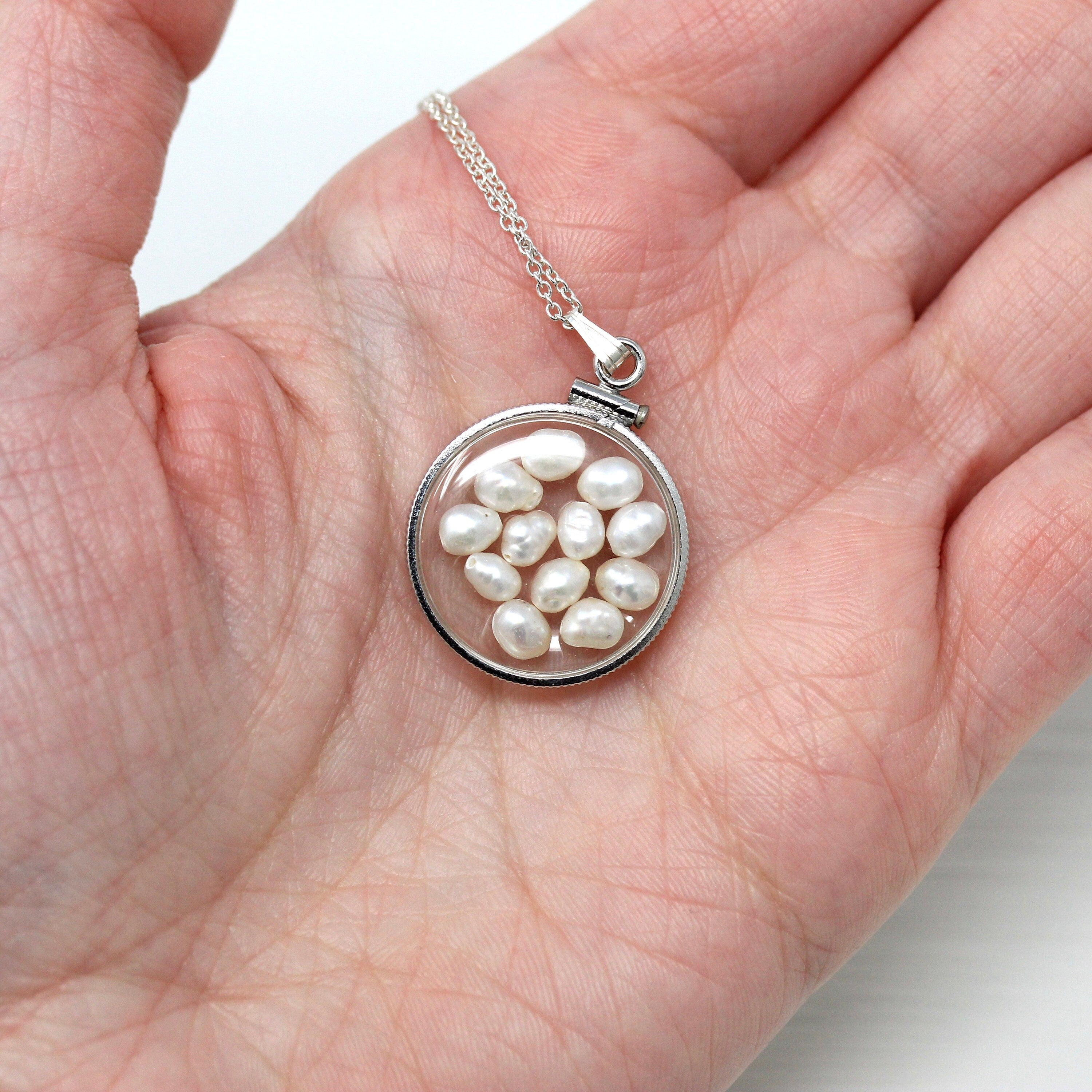 Baroque Pearl Shaker Locket - Handcrafted Sterling Silver Lucite Pendant Necklace Charm - June Birthstone Coin Bezel Nickel Sized Jewelry