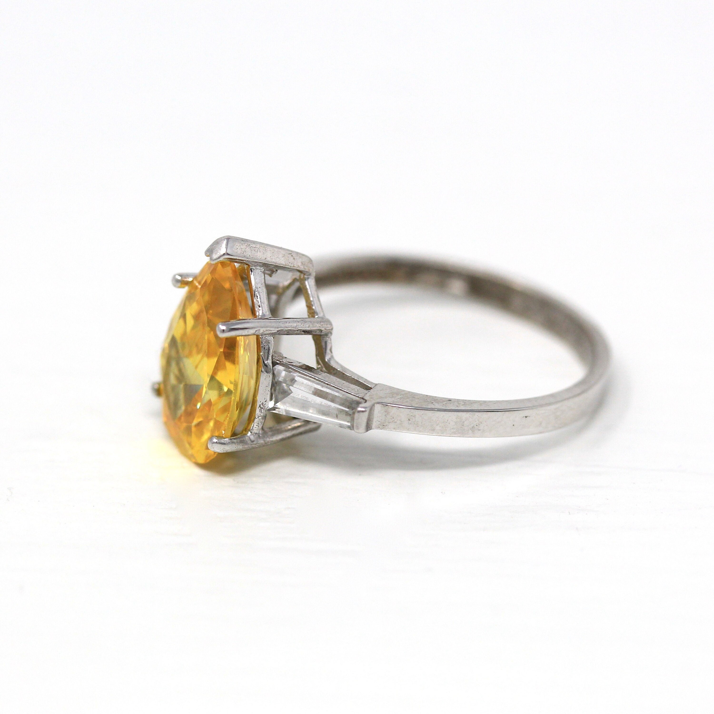 Sale - Modern Statement Ring - Estate 14k White Gold Pear Cut Yellow Cubic Zirconia - Circa 2000s Size 9 3/4 Diamond Alternative CZs Jewelry