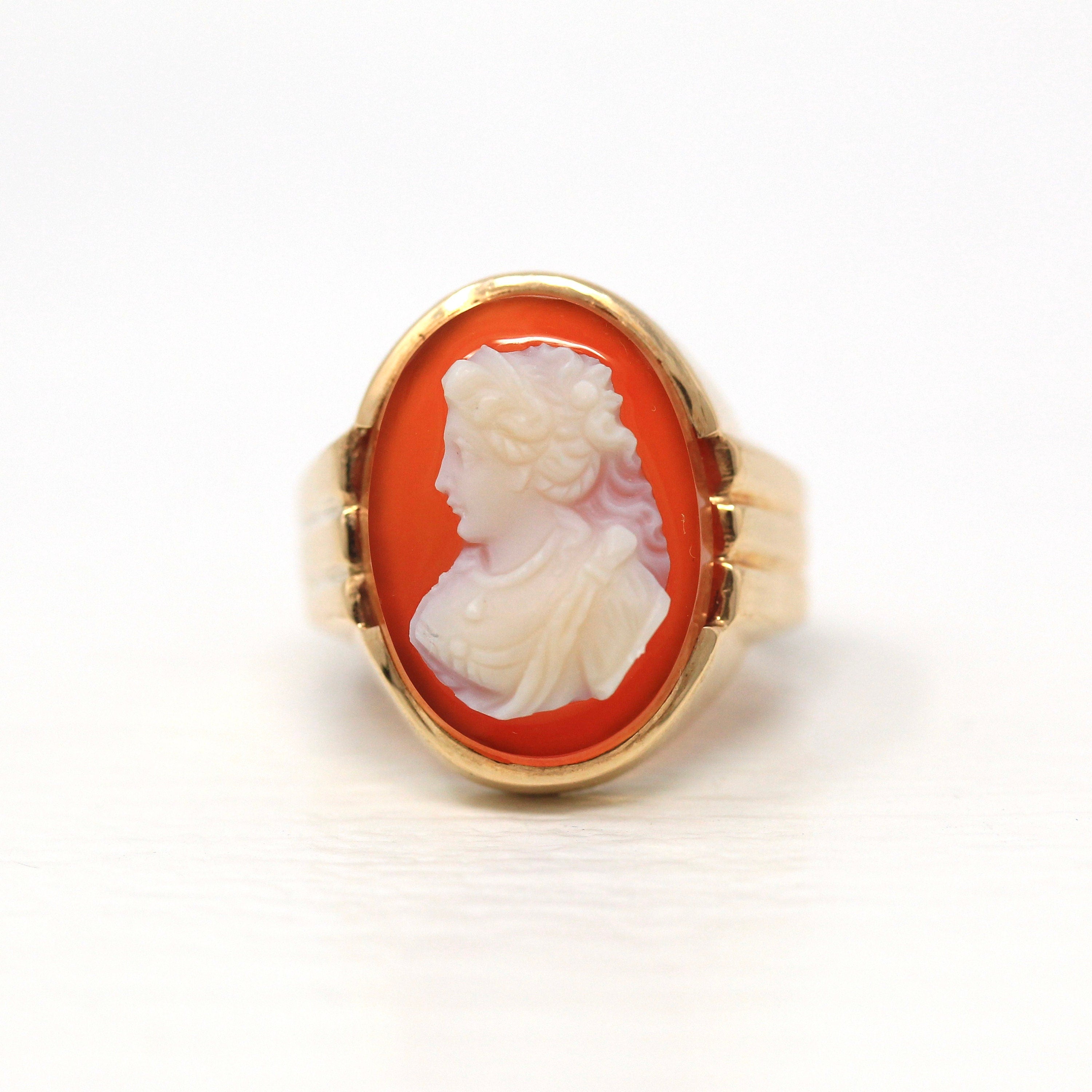 Sale - Sardonyx Cameo Ring - Retro Era 14k Yellow Gold Orange White Genuine Carved Gem - Vintage Circa 1940s Size 5.5 Woman Portrait Jewelry