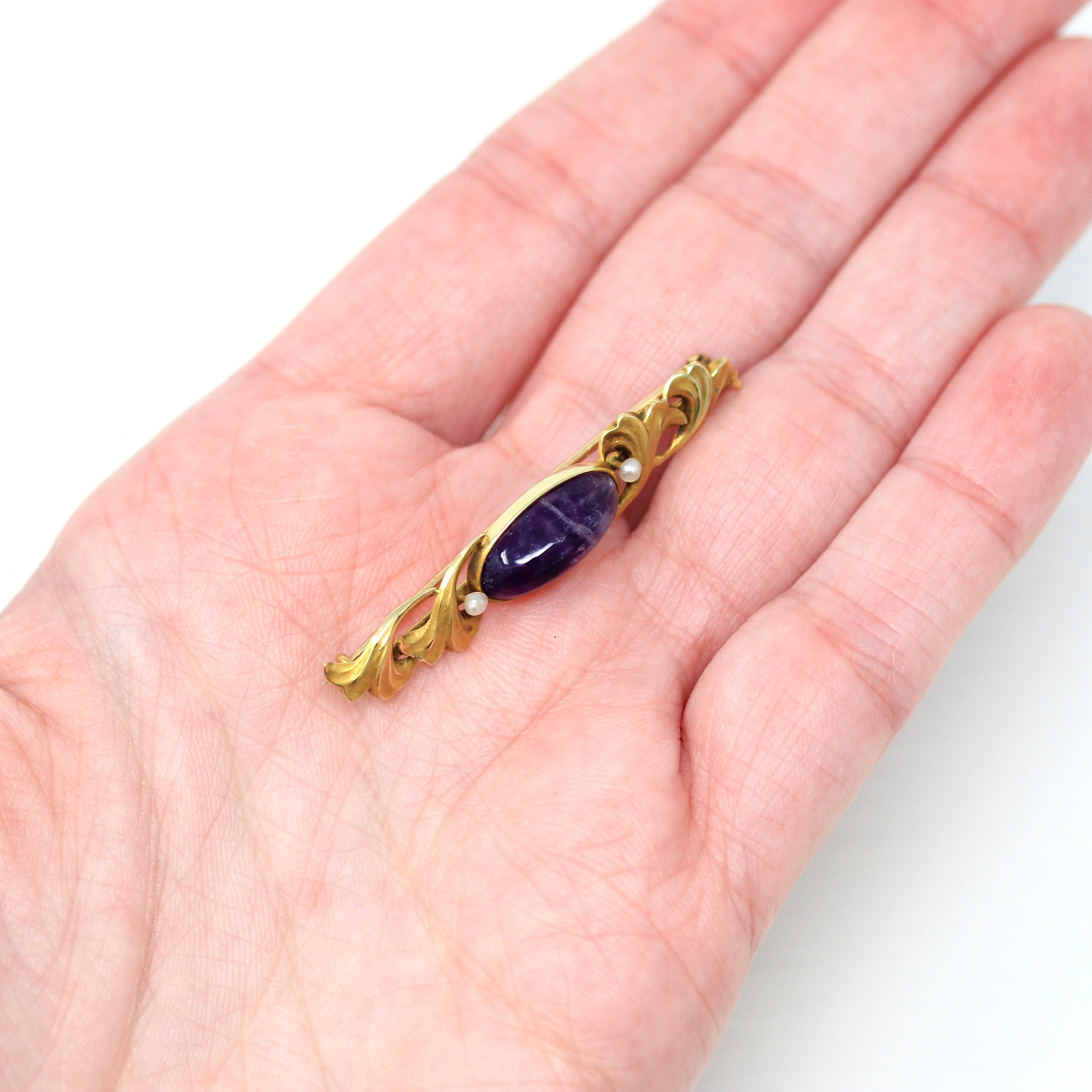 Sale - Art Nouveau Brooch - Antique 14k Yellow Gold Genuine Cabochon Cut 3.68 CT Amethyst Gem - Circa 1910s Flower Fashion Accessory Jewelry