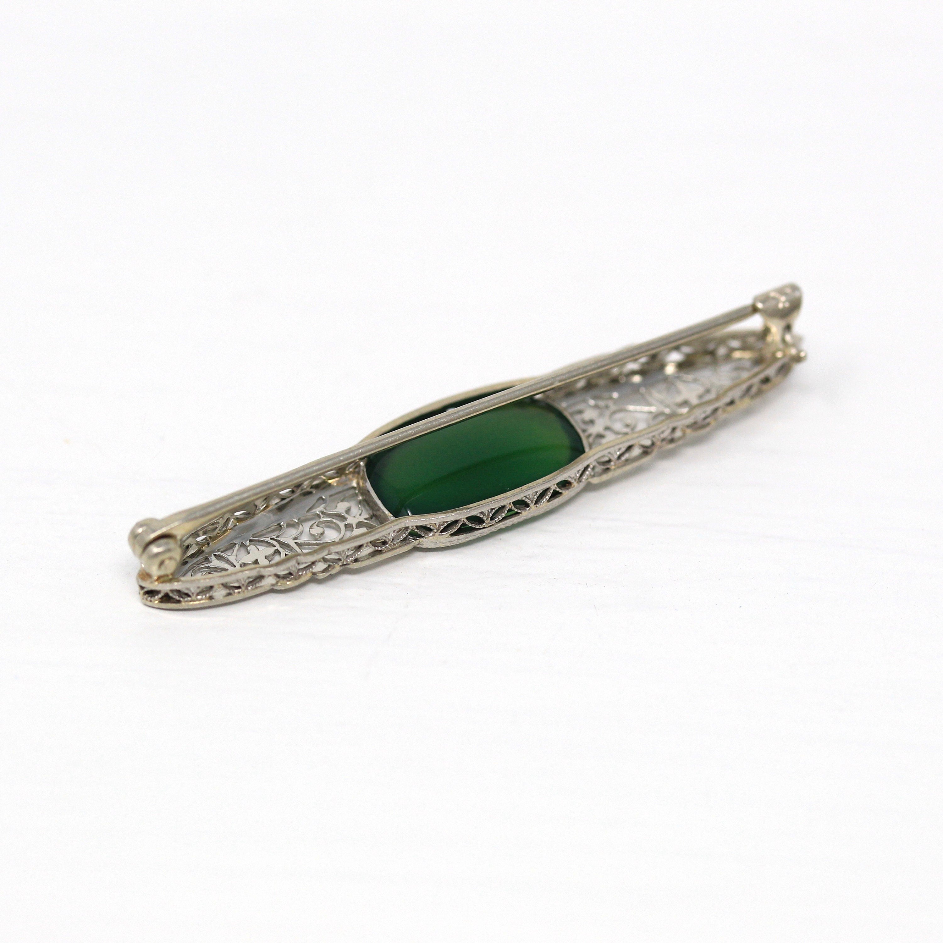 Sale - Art Deco Pin - Antique 14k White Gold Green Chalcedony Gemstone Brooch - Vintage 1920s Filigree Genuine Gem Statement Fine Jewelry