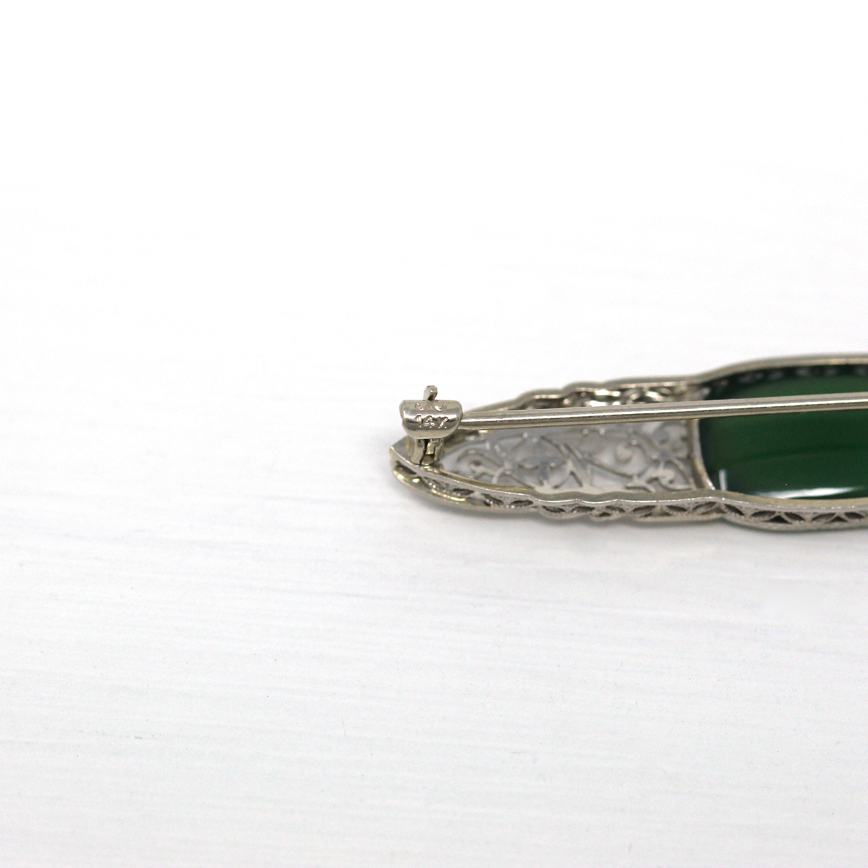 Sale - Art Deco Pin - Antique 14k White Gold Green Chalcedony Gemstone Brooch - Vintage 1920s Filigree Genuine Gem Statement Fine Jewelry