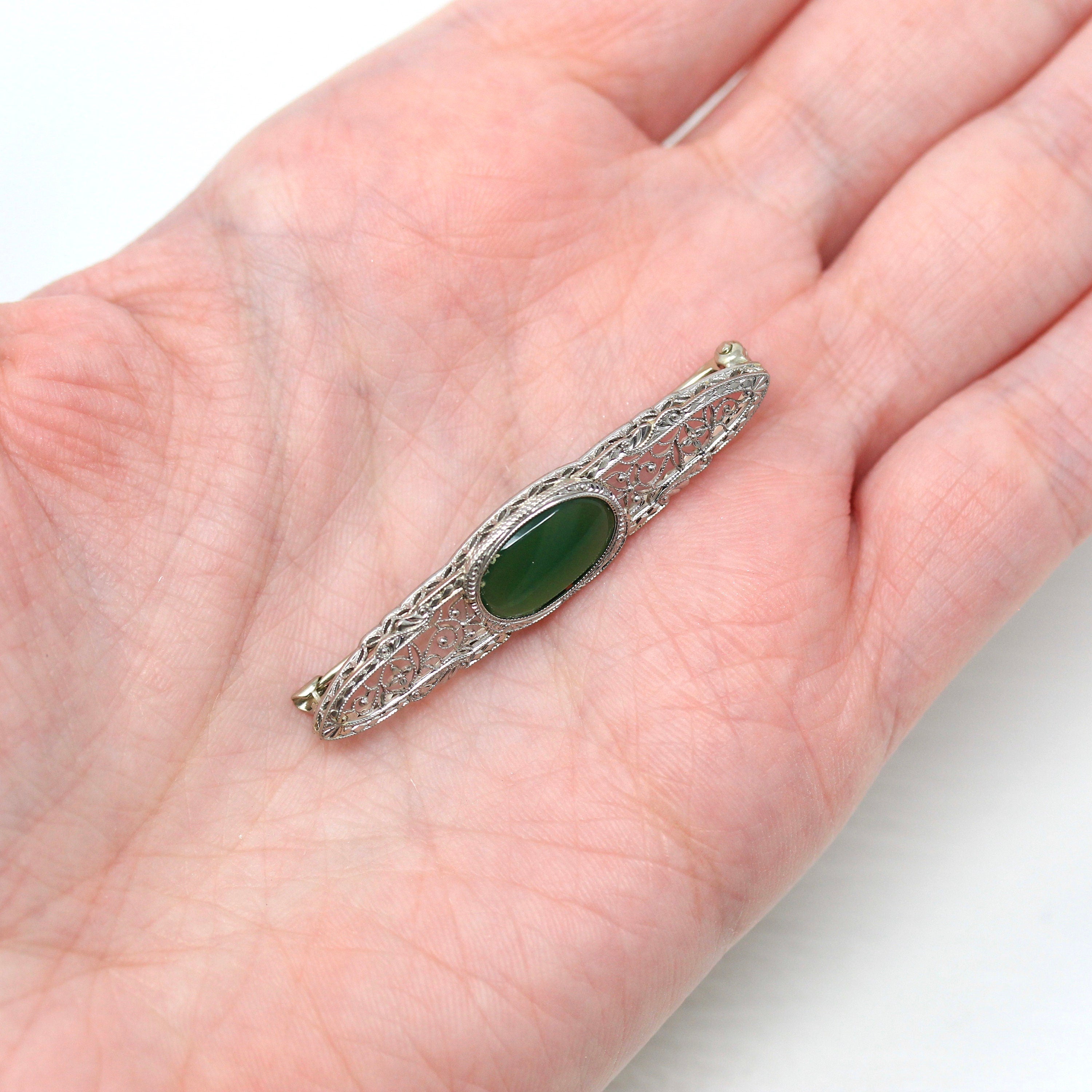 Sale - Art Deco Pin - Antique 14k White Gold Green Chalcedony Gemstone Brooch - Vintage 1920s Filigree Genuine Gem Statement Fine Jewelry