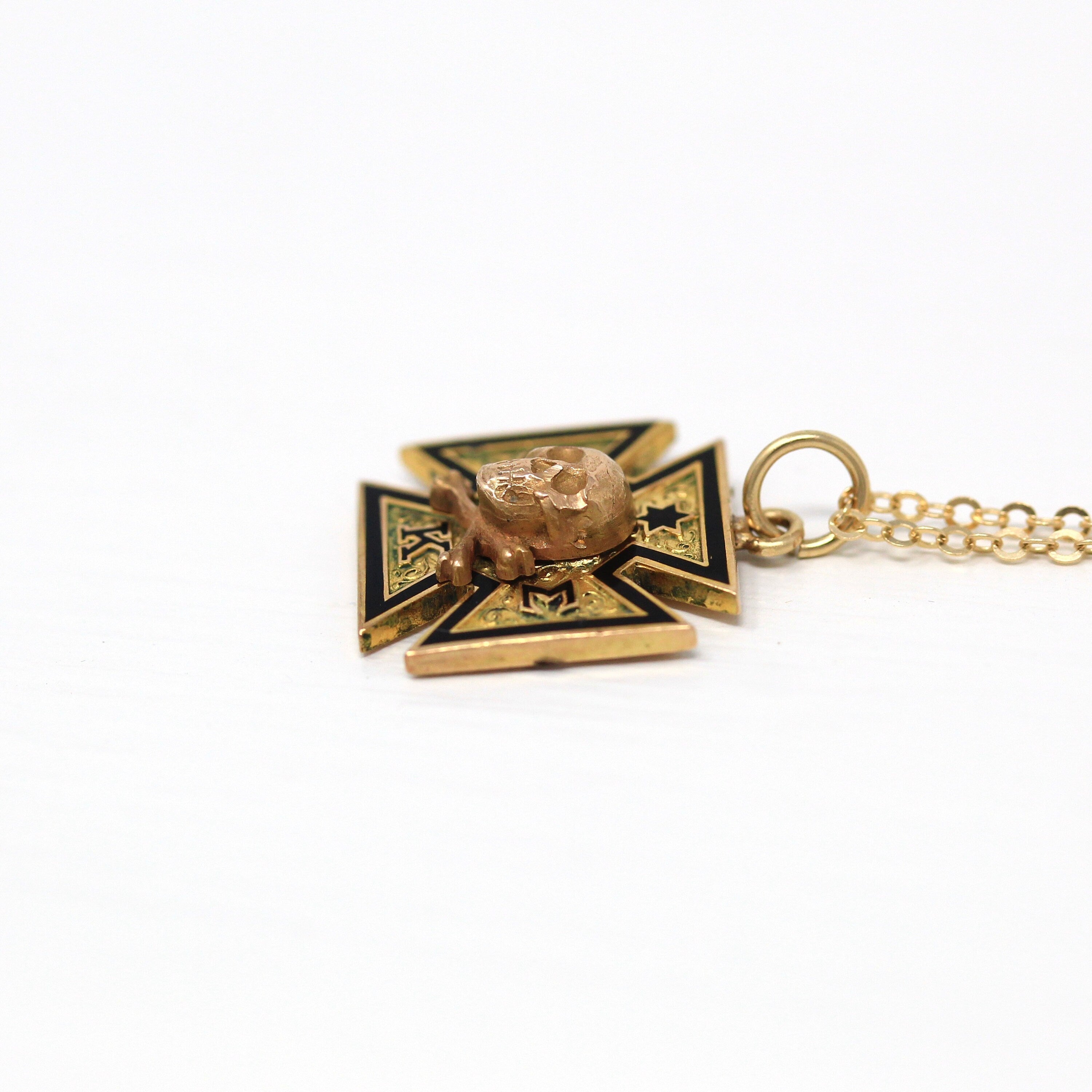 Sale - Phi Kappa Sigma Necklace - Vintage 10k Yellow Gold Fraternity Conversion Pendant - 1930s Enamel Crossbone Skull Memento Mori Jewelry