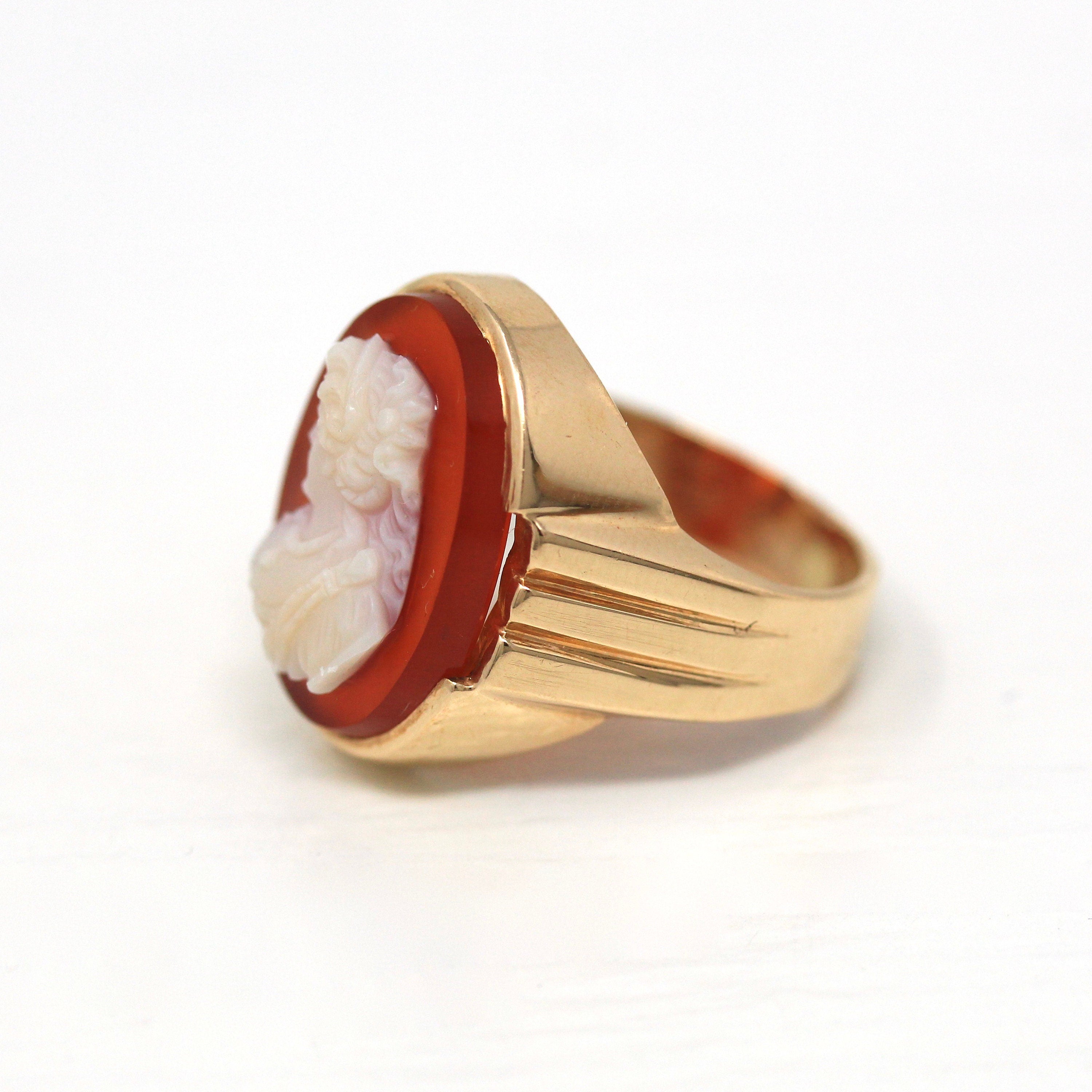 Sale - Sardonyx Cameo Ring - Retro Era 14k Yellow Gold Orange White Genuine Carved Gem - Vintage Circa 1940s Size 5.5 Woman Portrait Jewelry