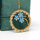 Sale - Retro Floral Pendant - Vintage 14k Yellow Gold Blue Enamel Forget Me Not Flowers - Circa 1970s Era Brooch Rope Necklace Fine Jewelry