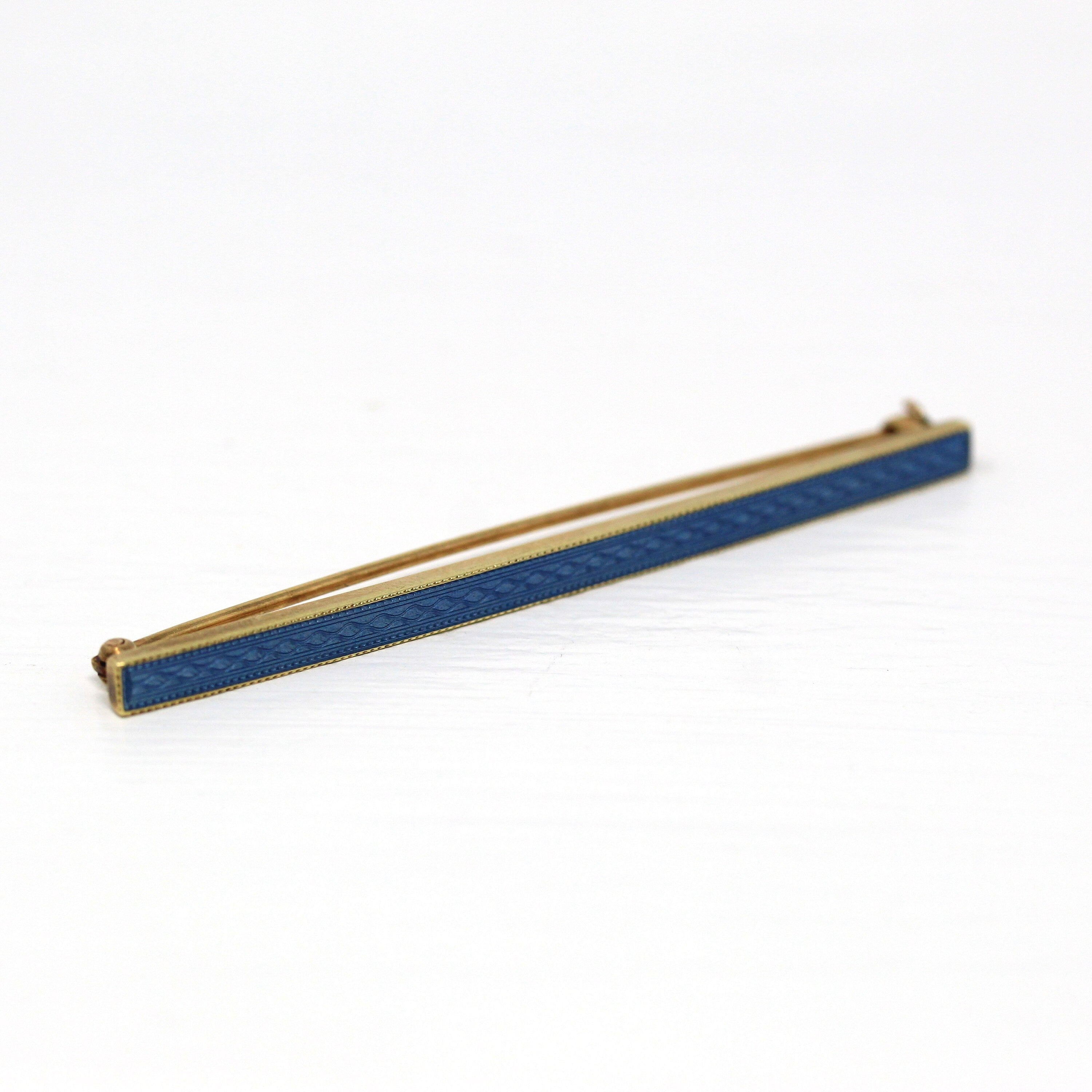 Sale - Guilloché Bar Brooch - Edwardian 14k Yellow Gold Geometric Pale Blue Enamel - Circa 1910s Era Antique Rectangular Pin Fine Jewelry