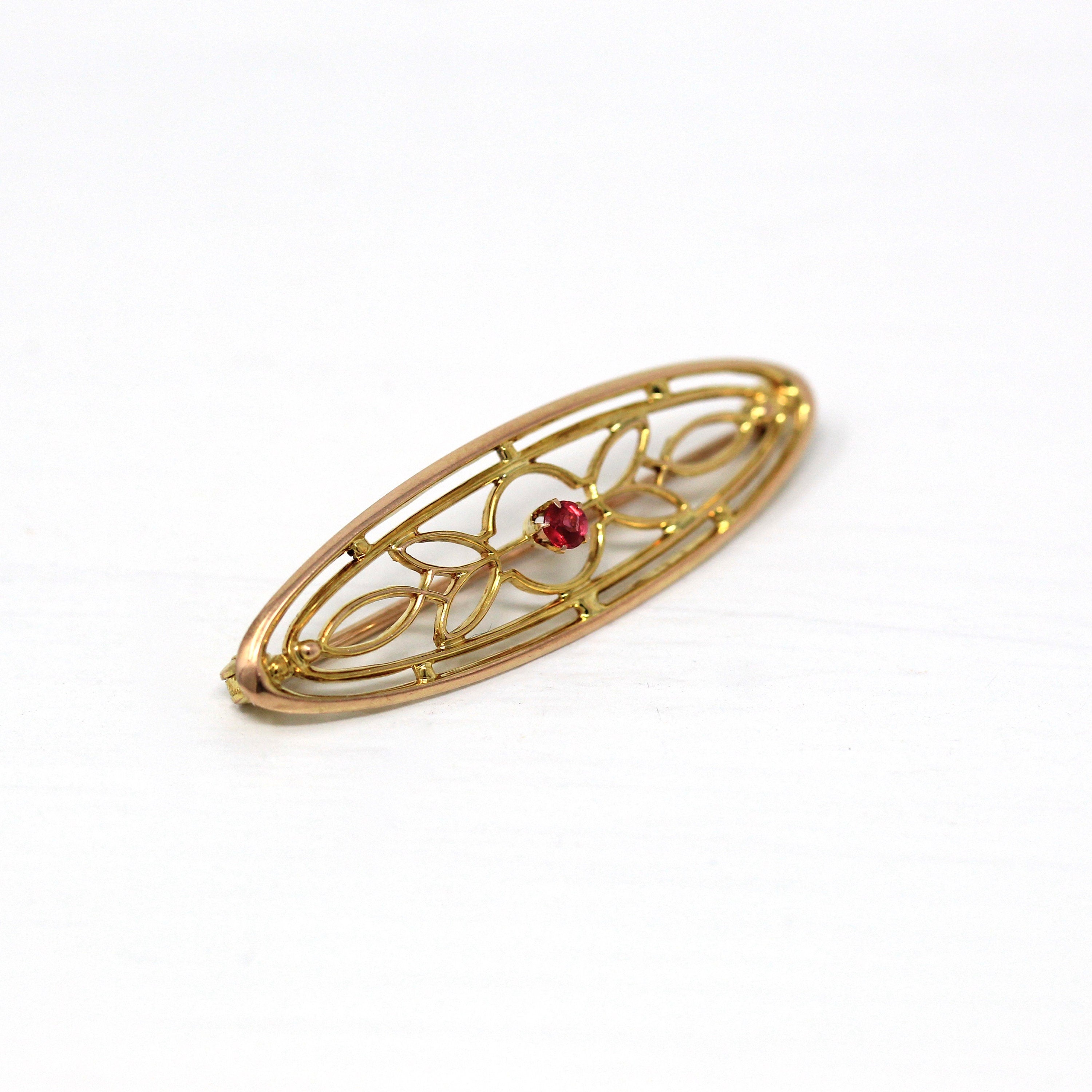 Sale - Garnet Doublet Brooch - Edwardian 10k Yellow Gold Filigree Statement Pink Glass Pin - Antique Circa 1910s Fashion Accessory Jewelry