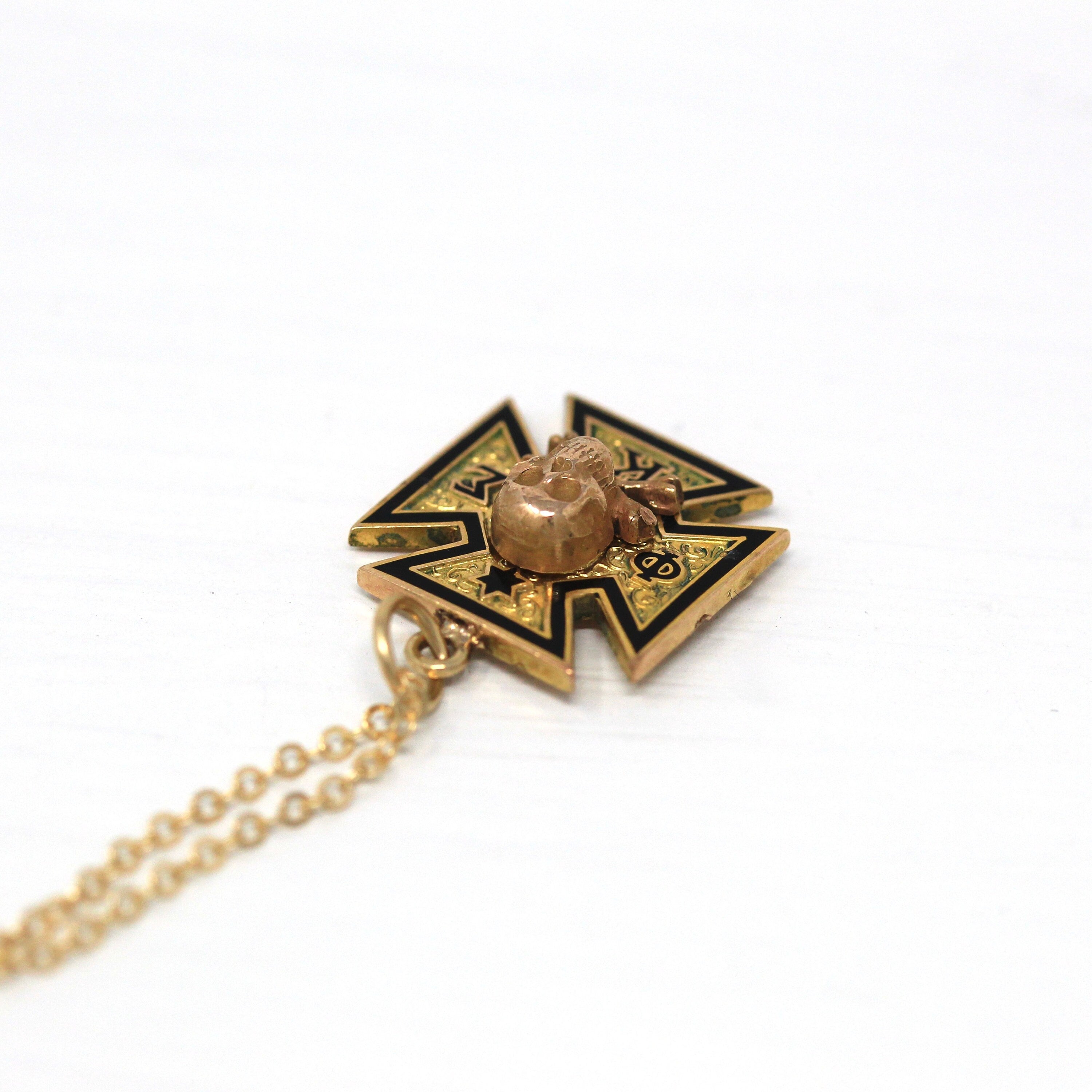 Sale - Phi Kappa Sigma Necklace - Vintage 10k Yellow Gold Fraternity Conversion Pendant - 1930s Enamel Crossbone Skull Memento Mori Jewelry