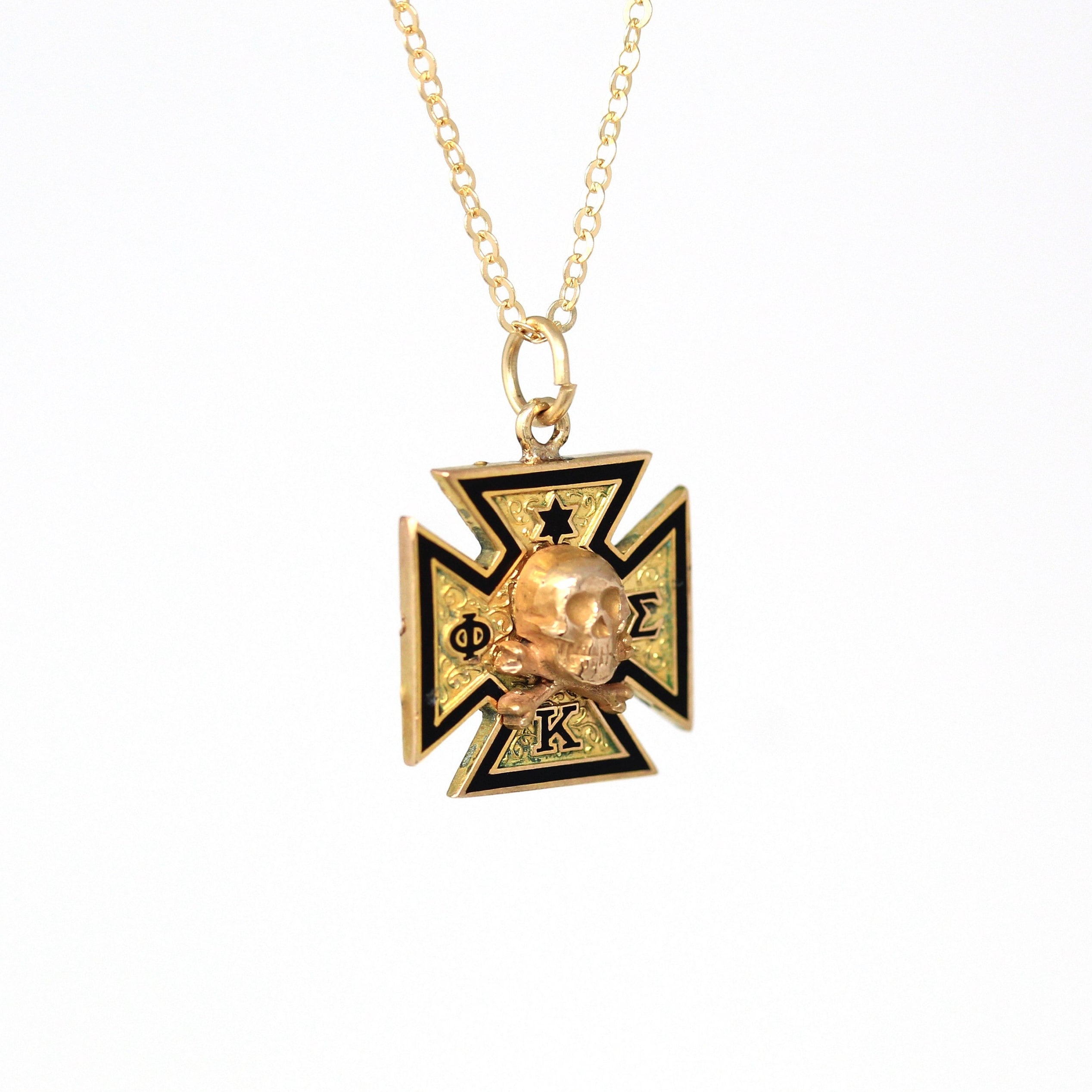 Sale - Phi Kappa Sigma Necklace - Vintage 10k Yellow Gold Fraternity Conversion Pendant - 1930s Enamel Crossbone Skull Memento Mori Jewelry