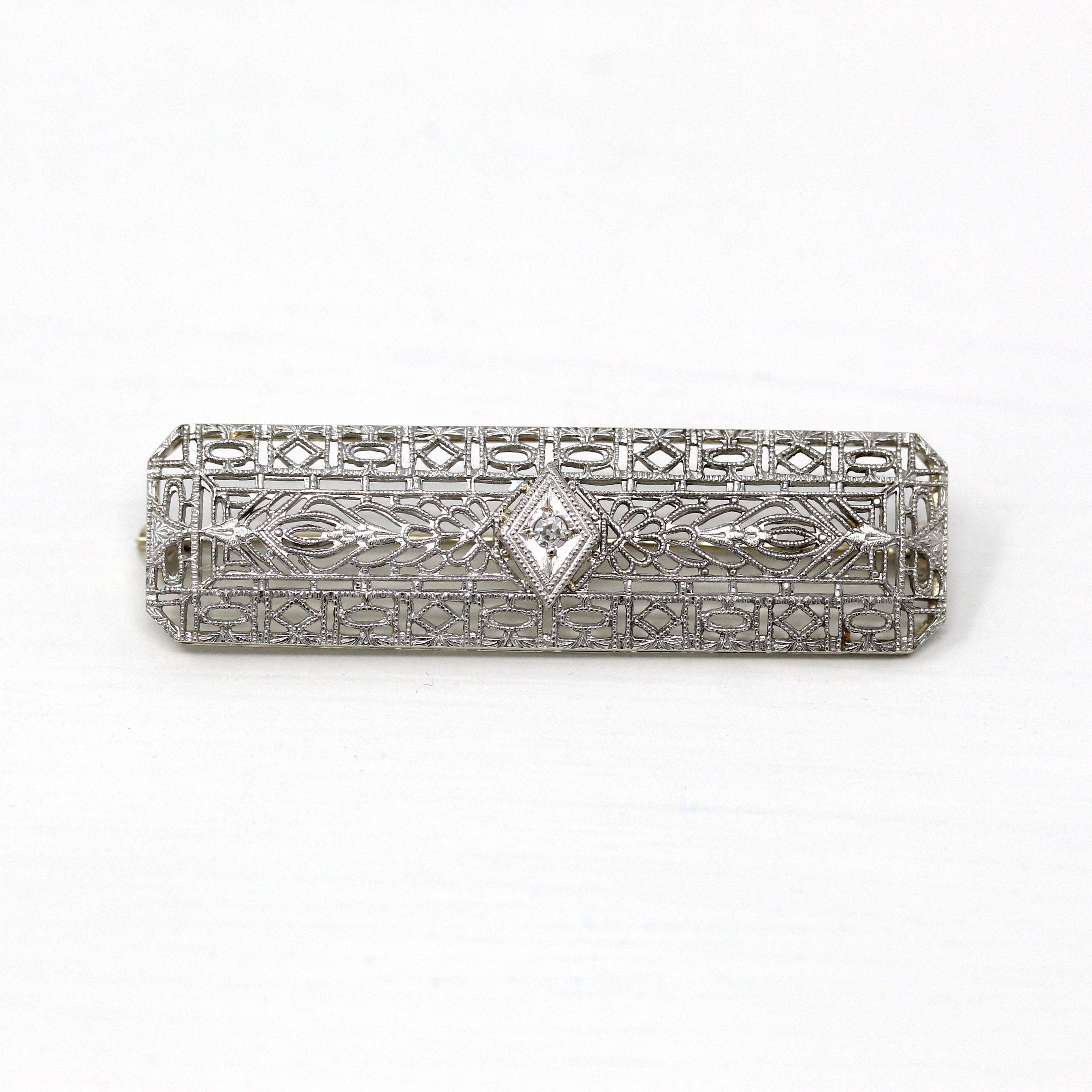 Sale - Art Deco Brooch - Antique 14k White Gold Filigree Genuine .02 CT Old European Diamond Pin - Circa 1920s Era Fashion Accessory Jewelry