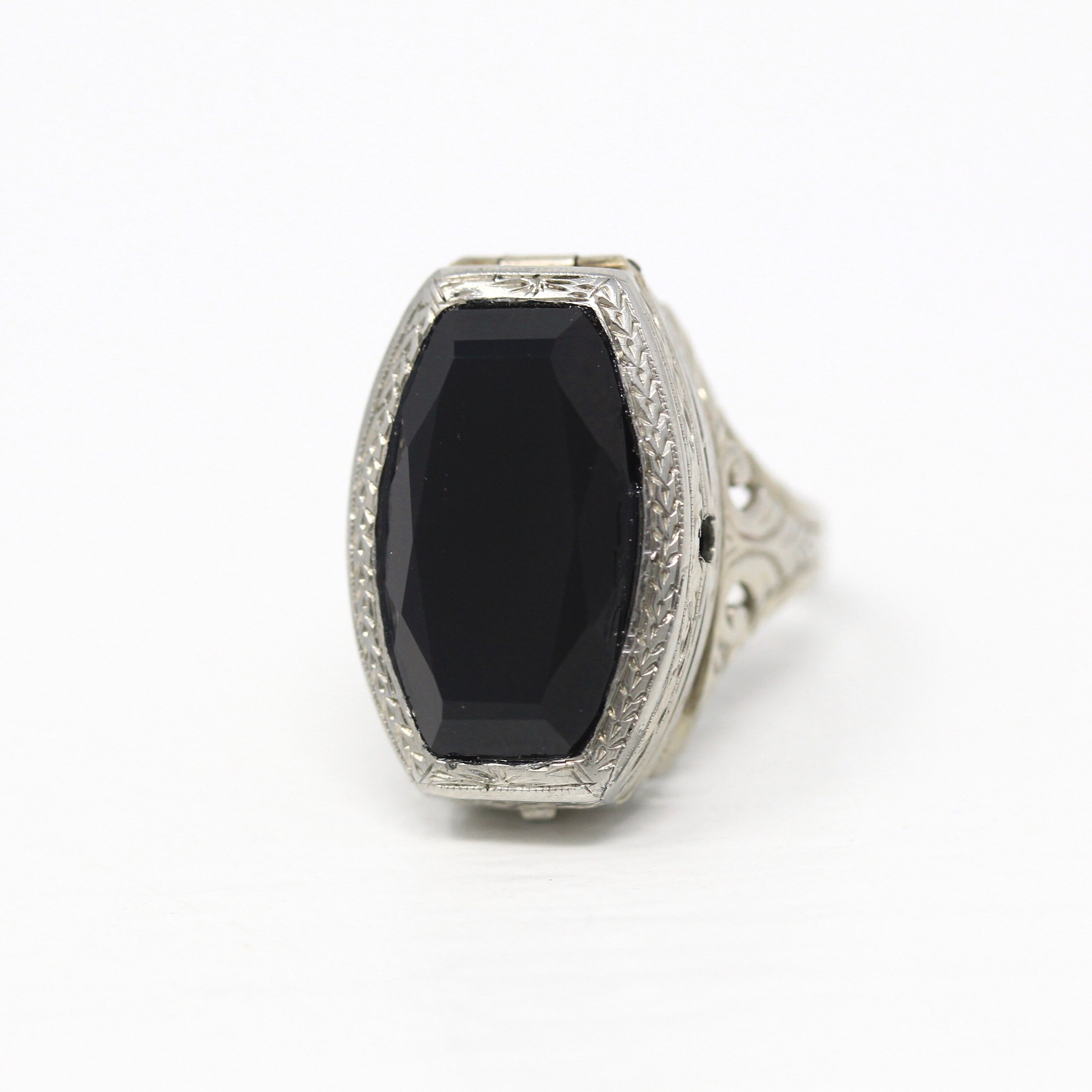 Sale - Art Deco Ring - Vintage 14k White Gold Fancy Cut Black Onyx Gemstone - Circa 1930s Size 4 1/2 Watch Conversion Filigree Fine Jewelry