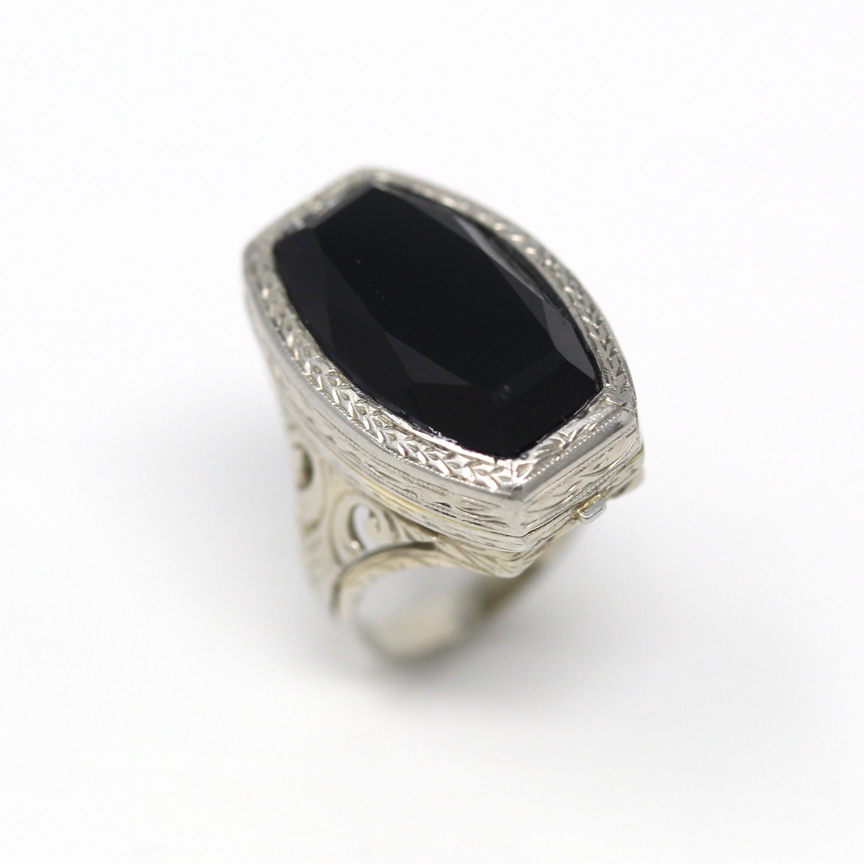 Sale - Art Deco Ring - Vintage 14k White Gold Fancy Cut Black Onyx Gemstone - Circa 1930s Size 4 1/2 Watch Conversion Filigree Fine Jewelry