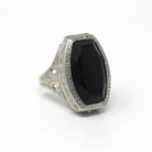 Sale - Art Deco Ring - Vintage 14k White Gold Fancy Cut Black Onyx Gemstone - Circa 1930s Size 4 1/2 Watch Conversion Filigree Fine Jewelry