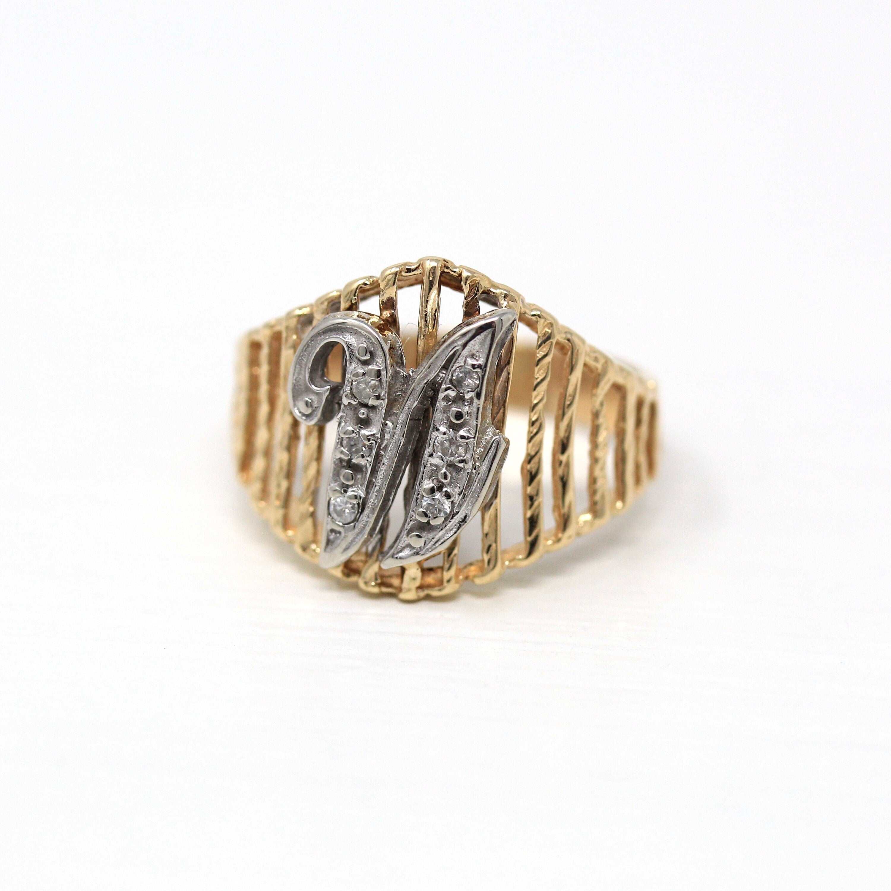 Sale - Letter "U" Ring - Estate 14k Yellow & White Gold Initial Genuine Diamond - Modern Circa 1990s Era Size 4 1/4 Statement Fine Jewelry