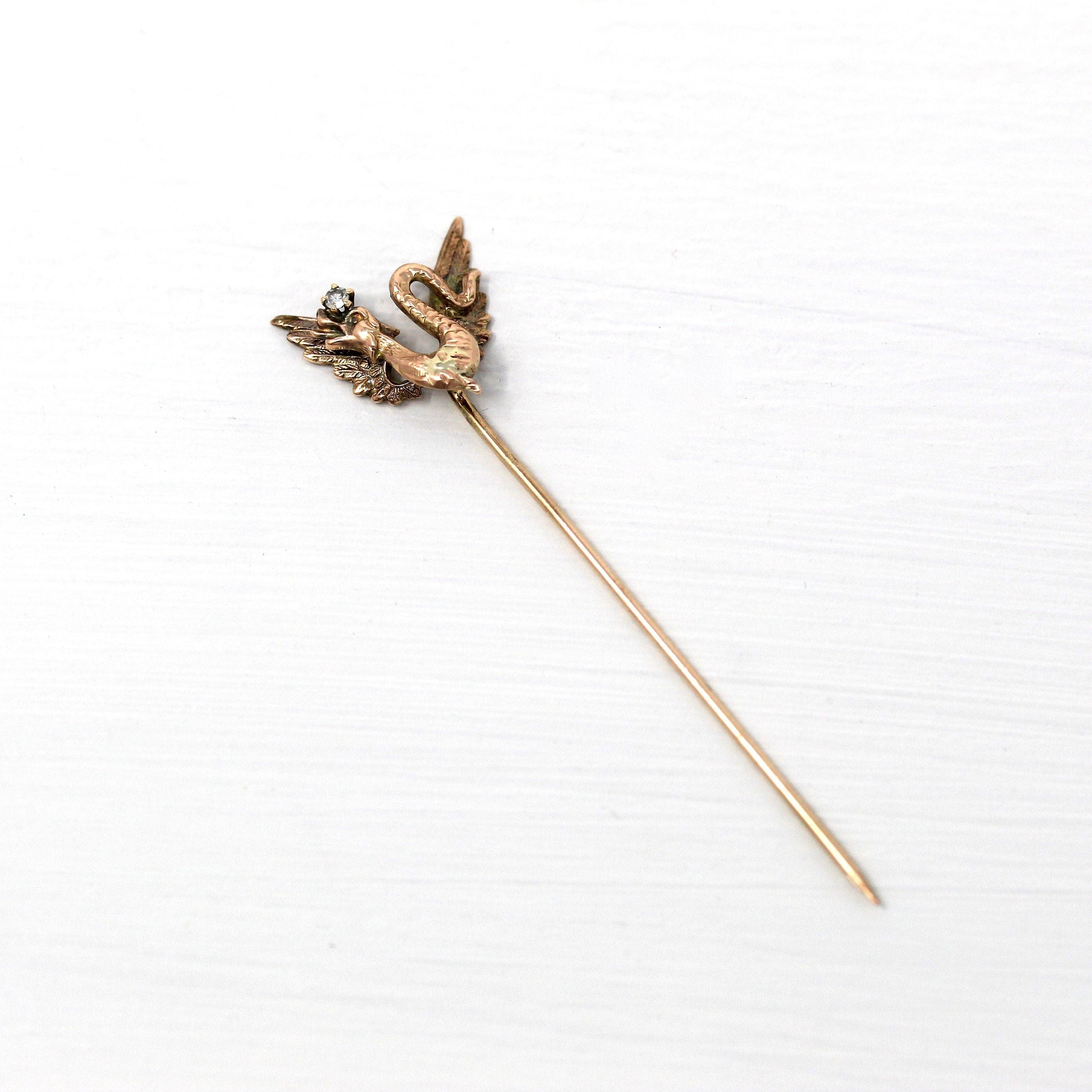 Sale - Winged Serpent Stick Pin - Antique Edwardian 10k Yellow Gold Creature .03 CT Diamond - Vintage 1910s Fashion Accessory Fine Jewelry