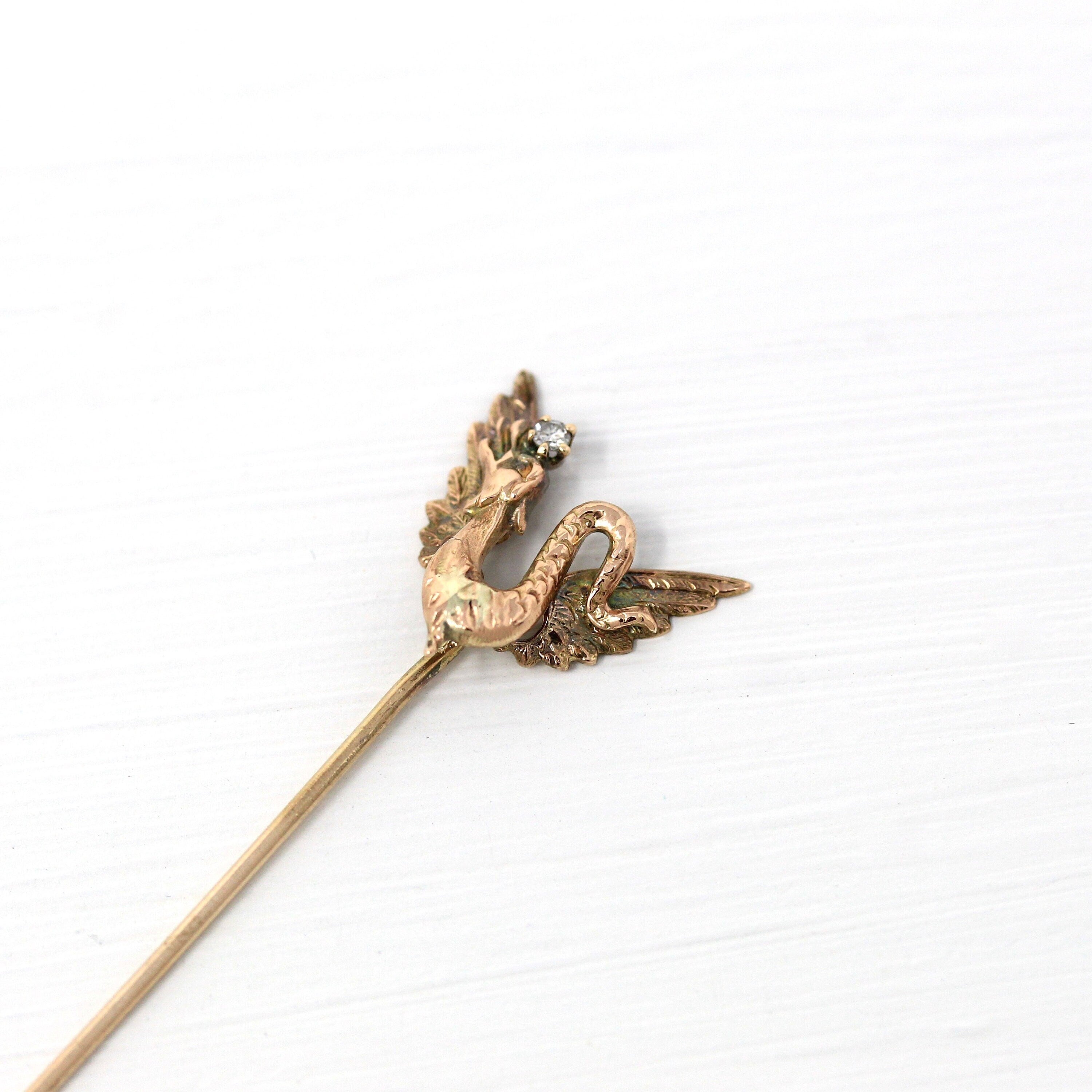 Sale - Winged Serpent Stick Pin - Antique Edwardian 10k Yellow Gold Creature .03 CT Diamond - Vintage 1910s Fashion Accessory Fine Jewelry