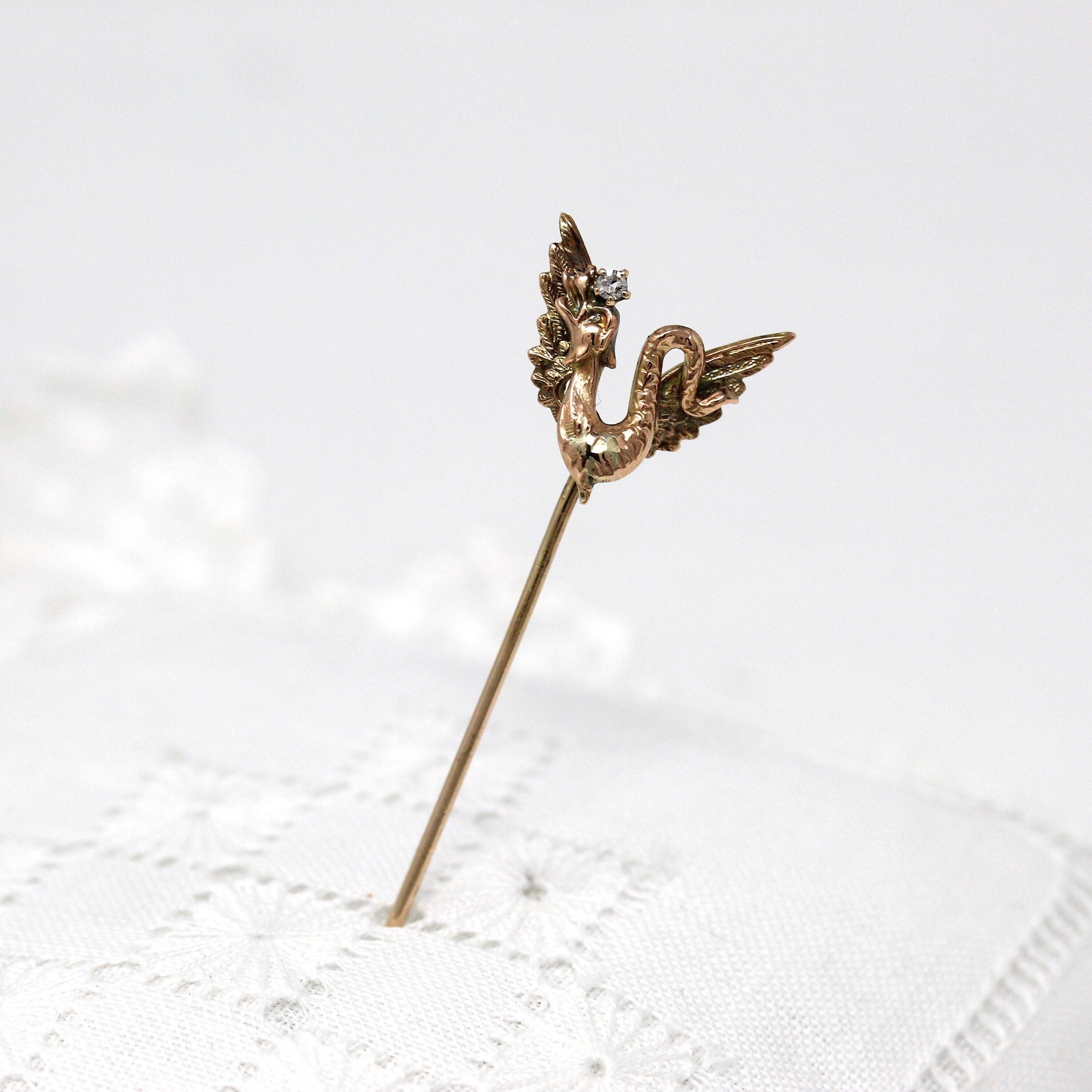 Sale - Winged Serpent Stick Pin - Antique Edwardian 10k Yellow Gold Creature .03 CT Diamond - Vintage 1910s Fashion Accessory Fine Jewelry