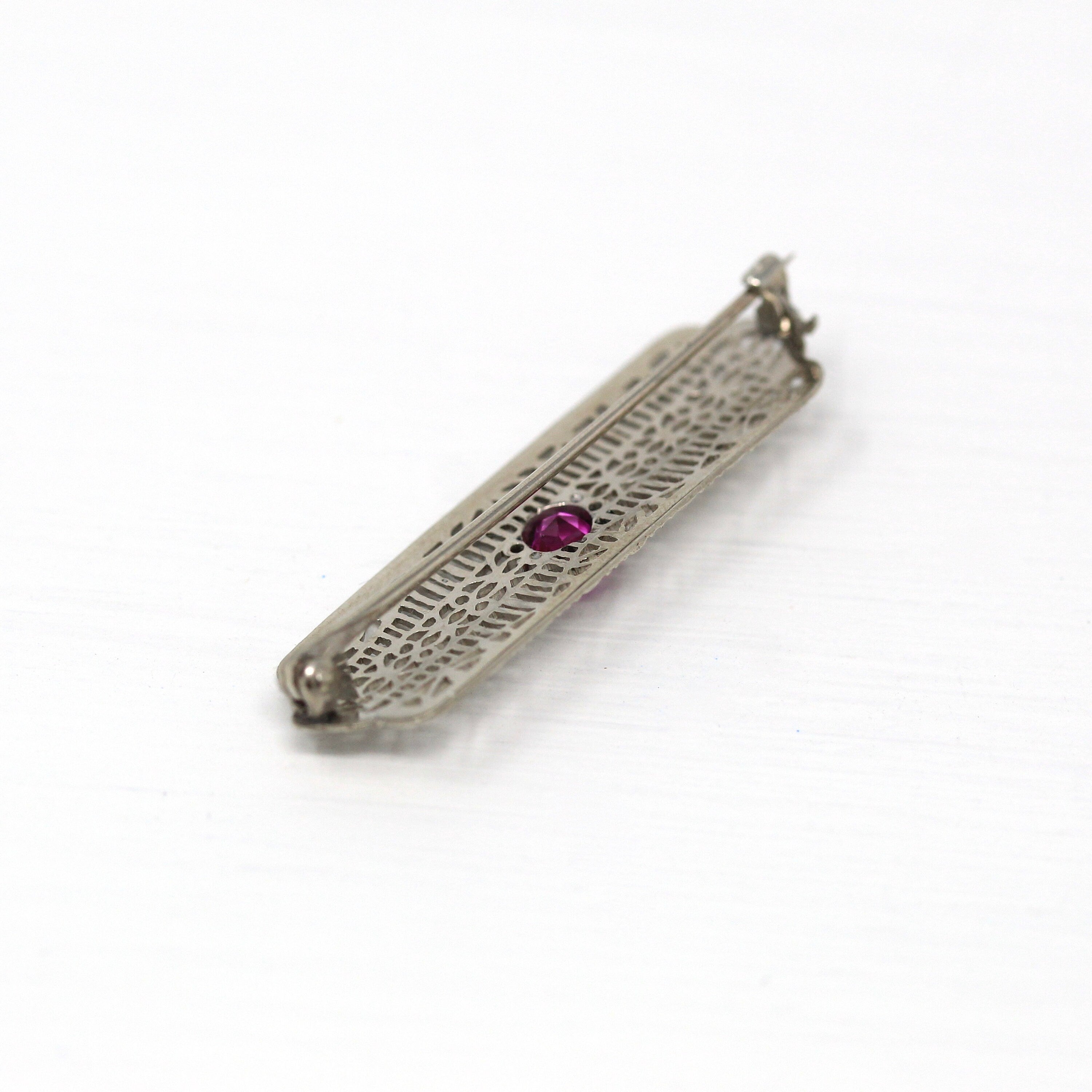 Sale - Art Deco Brooch - Vintage 10k White Gold Created Pink Sapphire .33 CT Stone Pin - Circa 1930s Era Filigree Fashion Accessory Jewelry