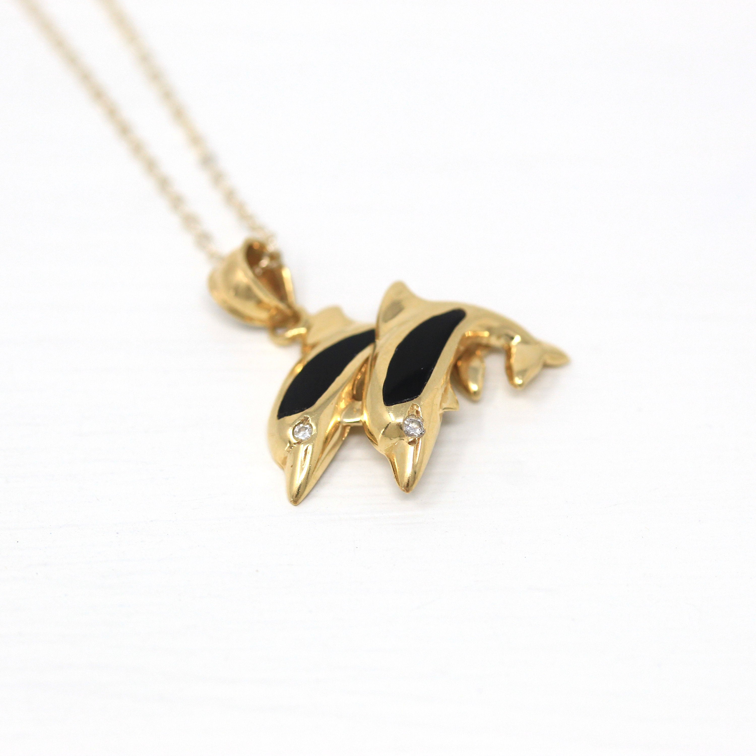 Sale - Onyx Dolphin Necklace - Vintage 14k Yellow Gold Genuine Black Gem .016 CTW Diamonds - Circa 1990s Beach Tropical Ocean Animal Jewelry