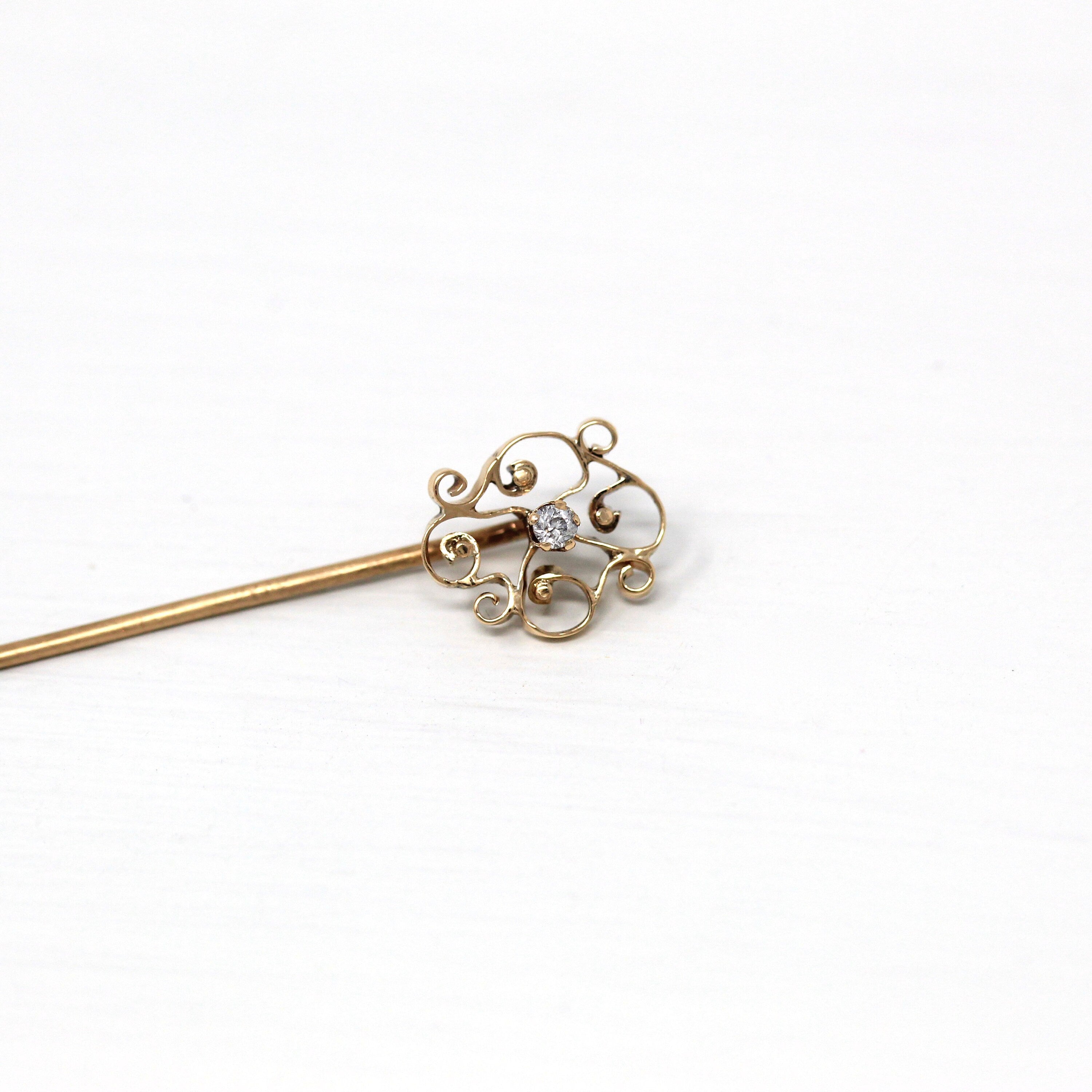 Sale - Antique Stick Pin - Edwardian 10k Yellow Gold Genuine .03 CT Round Cut Diamond Gem - Circa 1910s Era Fashion Accessory Fine Jewelry