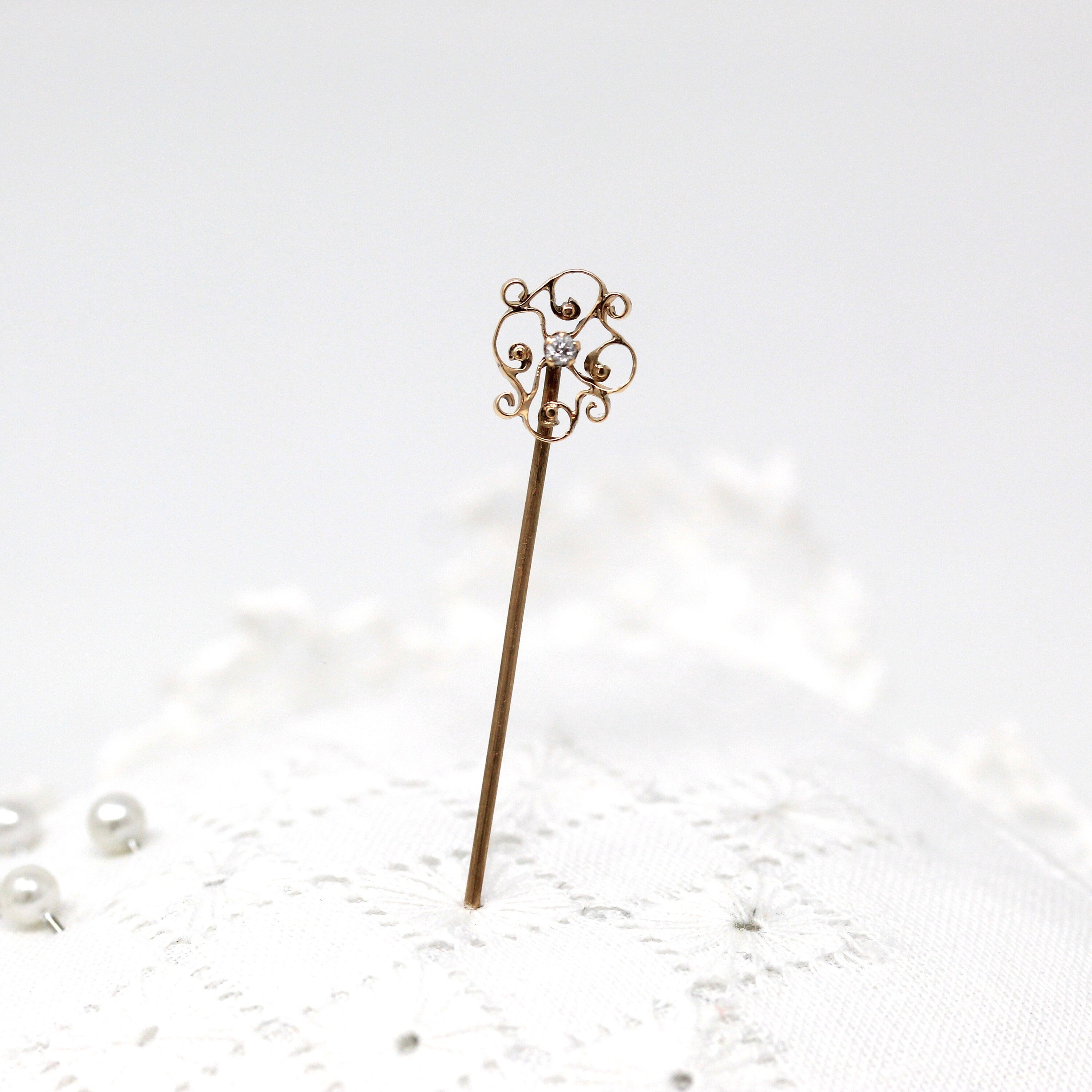 Sale - Antique Stick Pin - Edwardian 10k Yellow Gold Genuine .03 CT Round Cut Diamond Gem - Circa 1910s Era Fashion Accessory Fine Jewelry