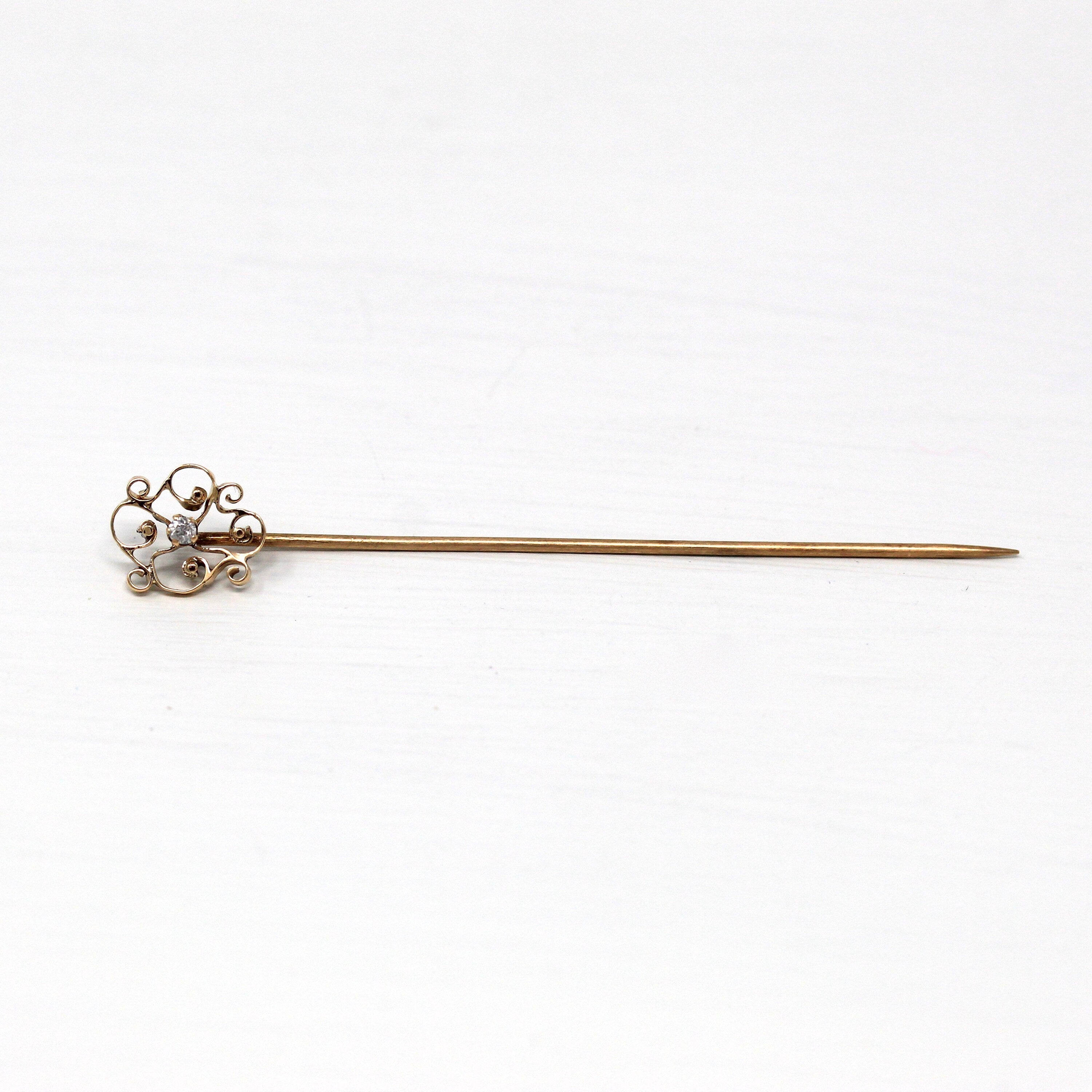 Sale - Antique Stick Pin - Edwardian 10k Yellow Gold Genuine .03 CT Round Cut Diamond Gem - Circa 1910s Era Fashion Accessory Fine Jewelry