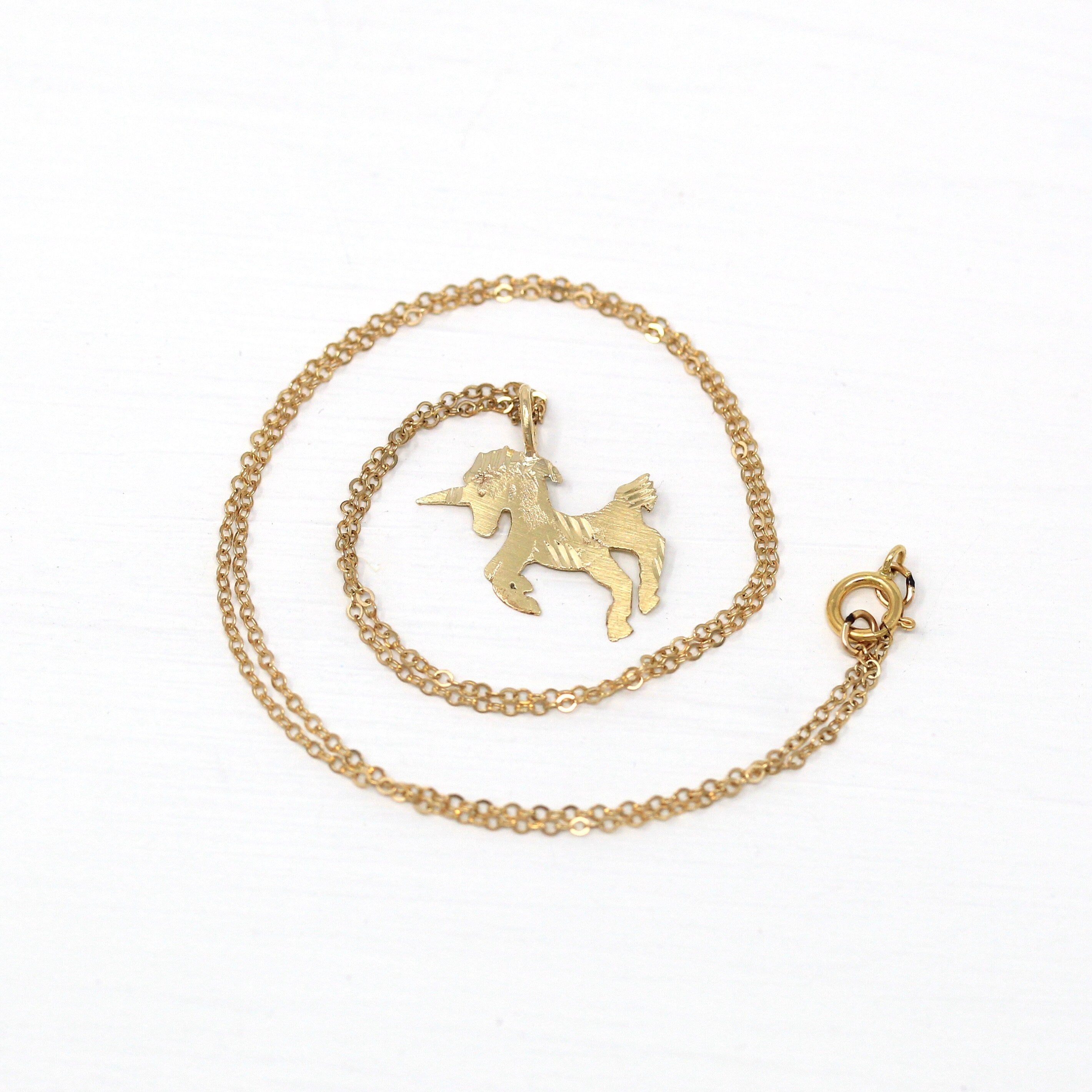 Sale - Estate Unicorn Necklace - Vintage 90s 14k Yellow Gold Figural Pendant Animal Charm - Fantasy Horned Horse Mythological 1990s Jewelry