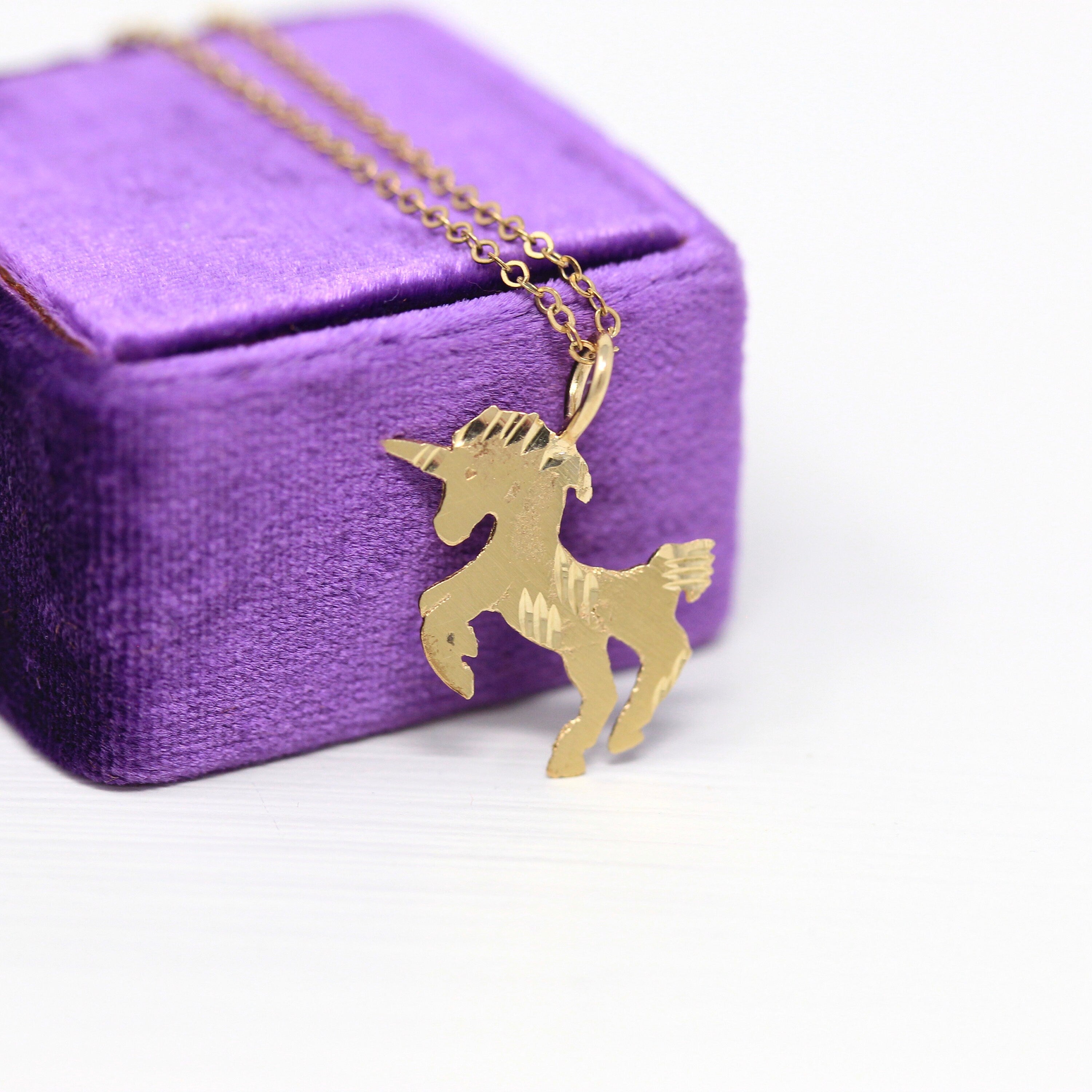 Sale - Estate Unicorn Necklace - Vintage 90s 14k Yellow Gold Figural Pendant Animal Charm - Fantasy Horned Horse Mythological 1990s Jewelry