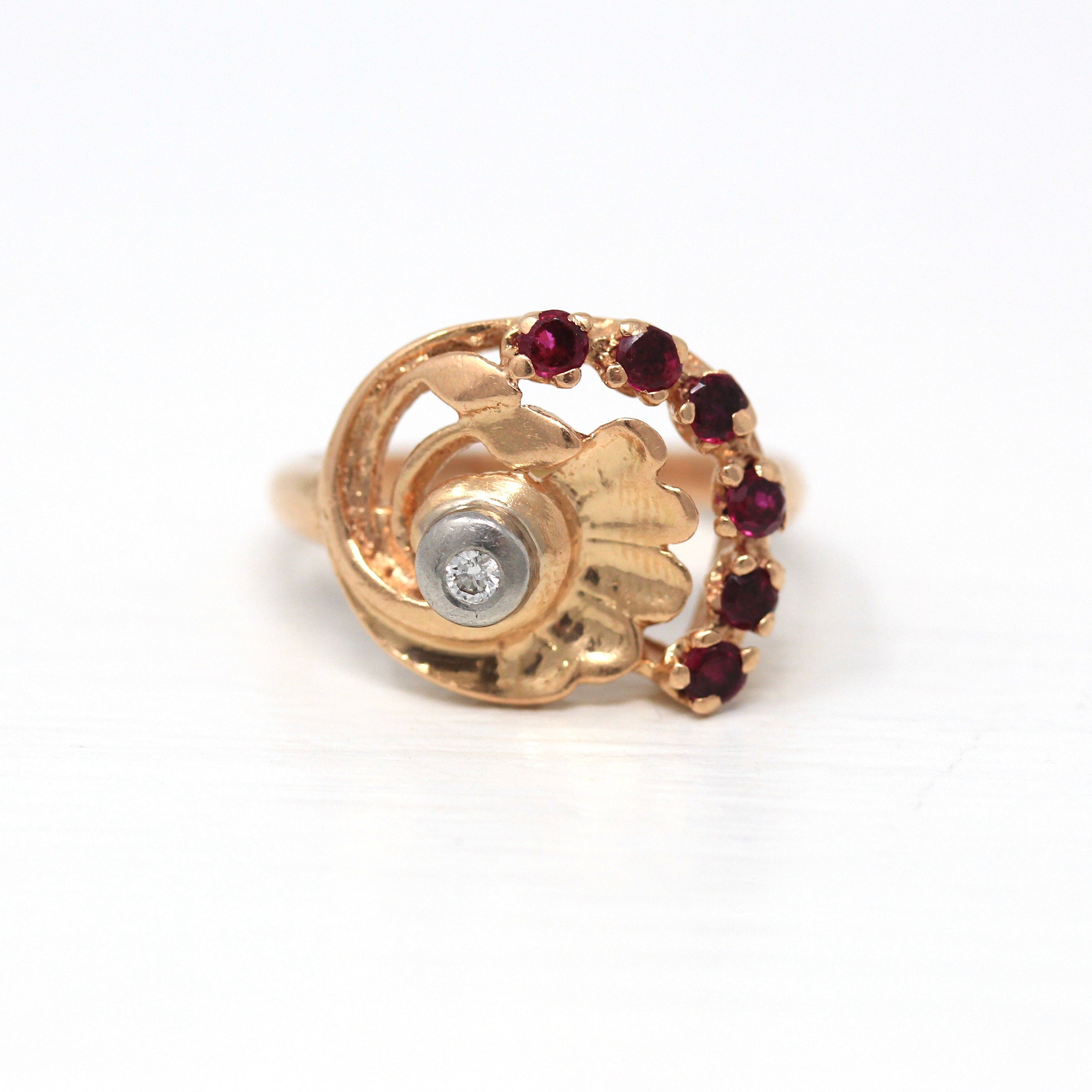 Sale - Retro Cocktail Ring - Vintage 14k Rose Gold .32 CTW Created Rubies Genuine Diamond Gem - Circa 1940s Size 7 Cocktail Fine 40s Jewelry