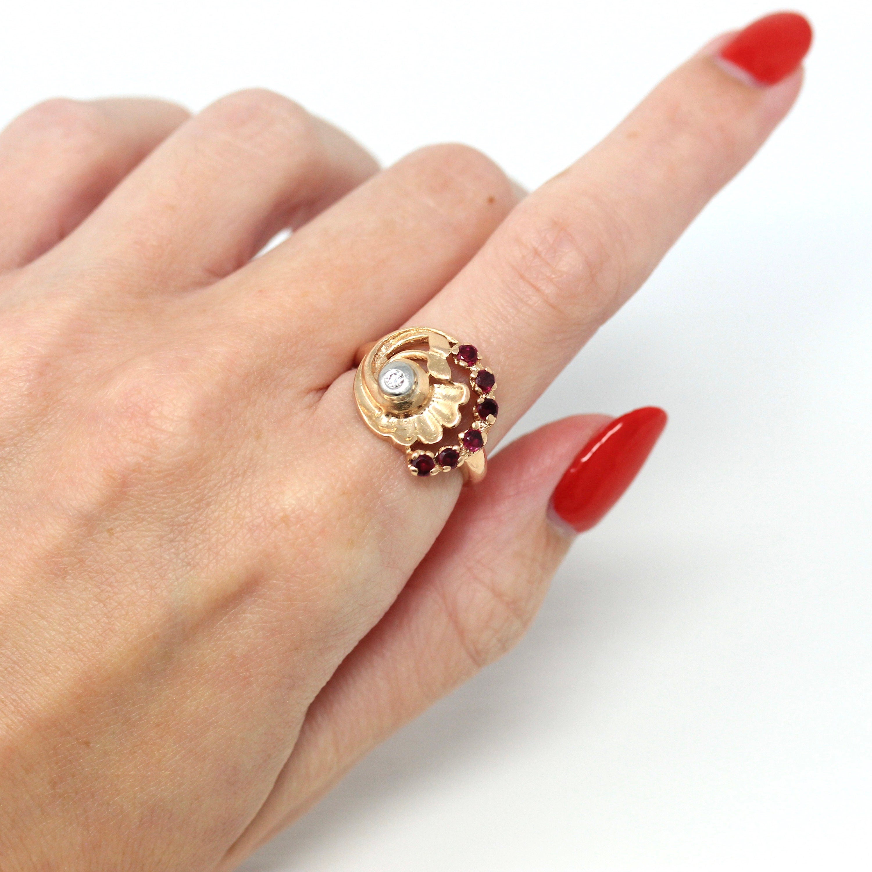 Sale - Retro Cocktail Ring - Vintage 14k Rose Gold .32 CTW Created Rubies Genuine Diamond Gem - Circa 1940s Size 7 Cocktail Fine 40s Jewelry