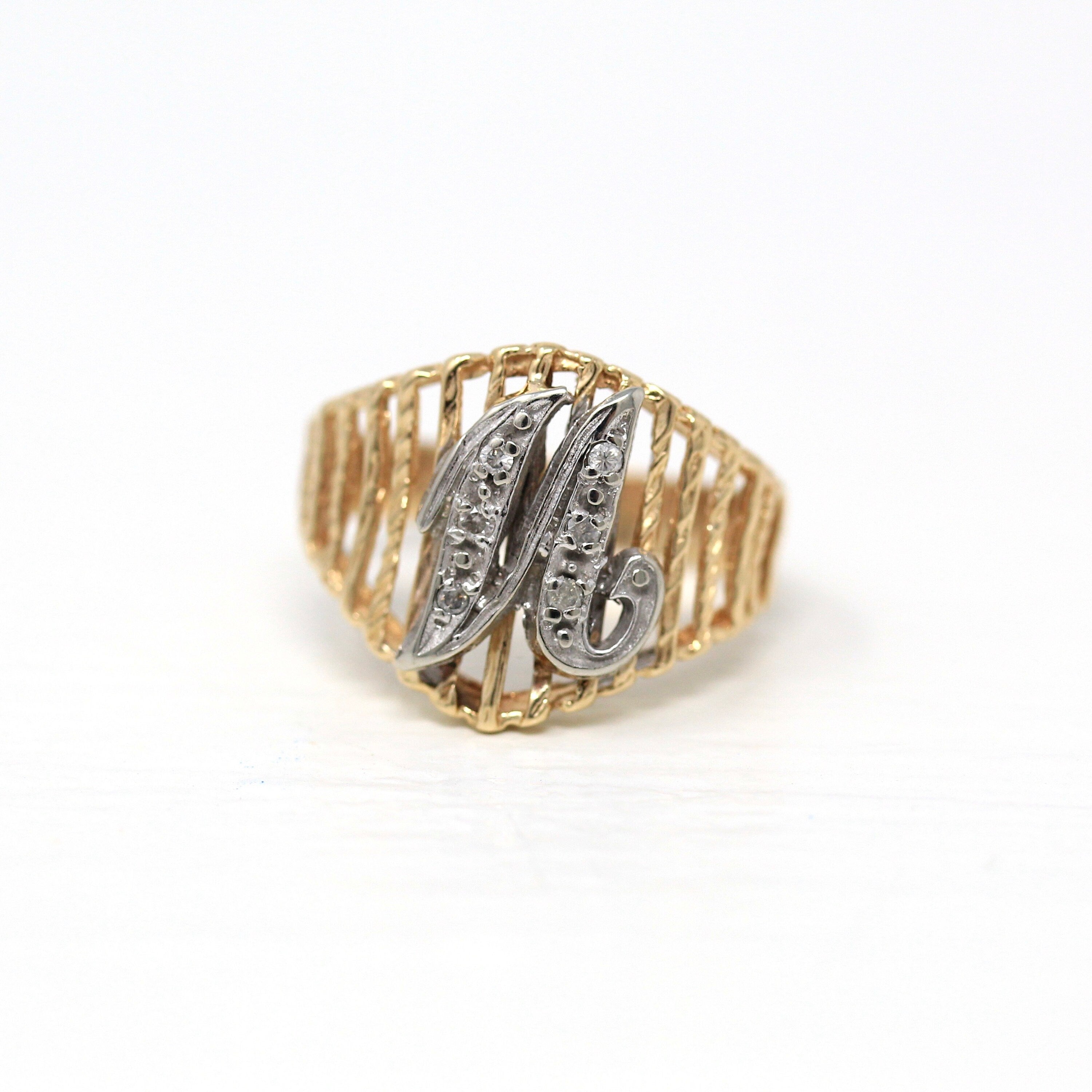 Sale - Letter "U" Ring - Estate 14k Yellow & White Gold Initial Genuine Diamond - Modern Circa 1990s Era Size 4 1/4 Statement Fine Jewelry