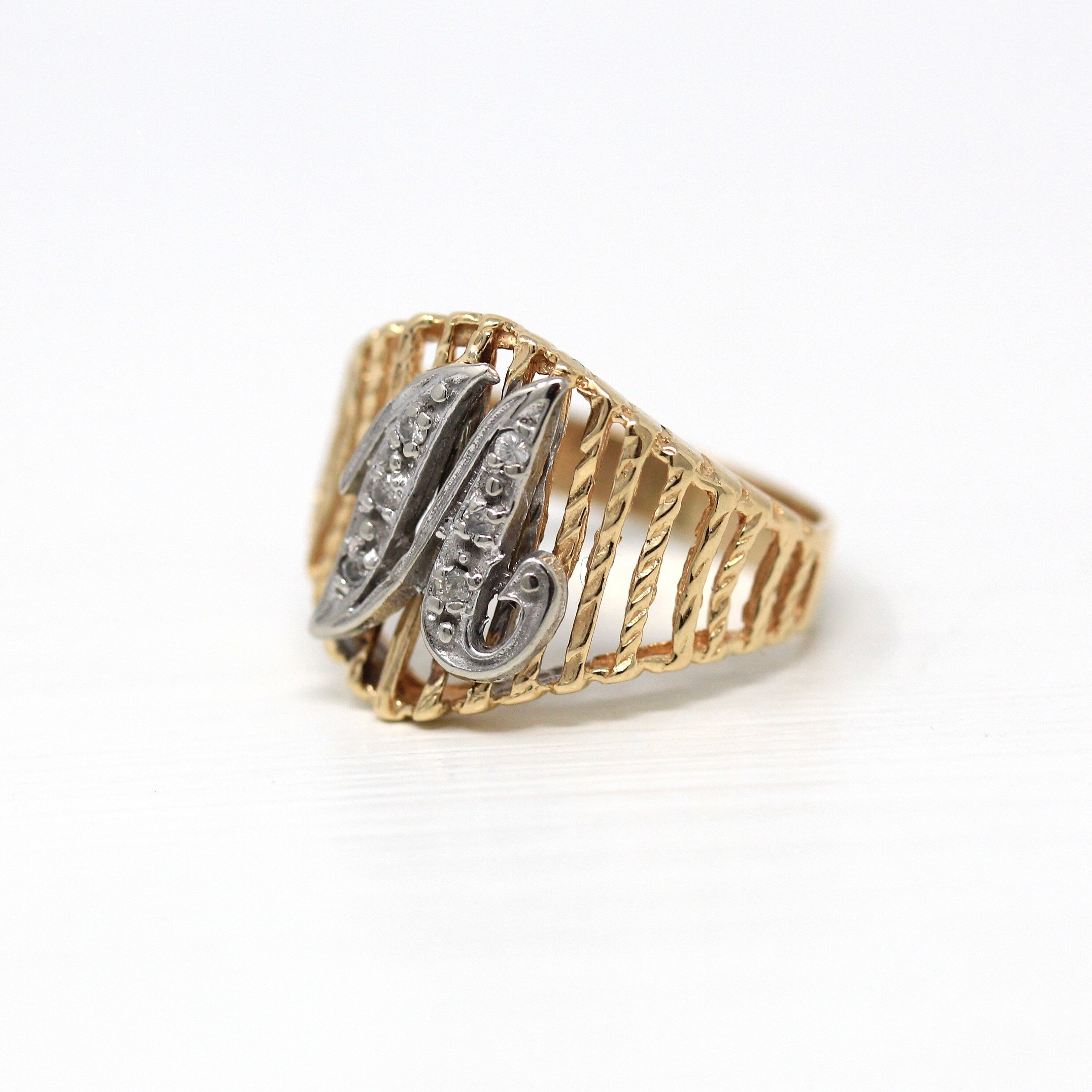 Sale - Letter "U" Ring - Estate 14k Yellow & White Gold Initial Genuine Diamond - Modern Circa 1990s Era Size 4 1/4 Statement Fine Jewelry