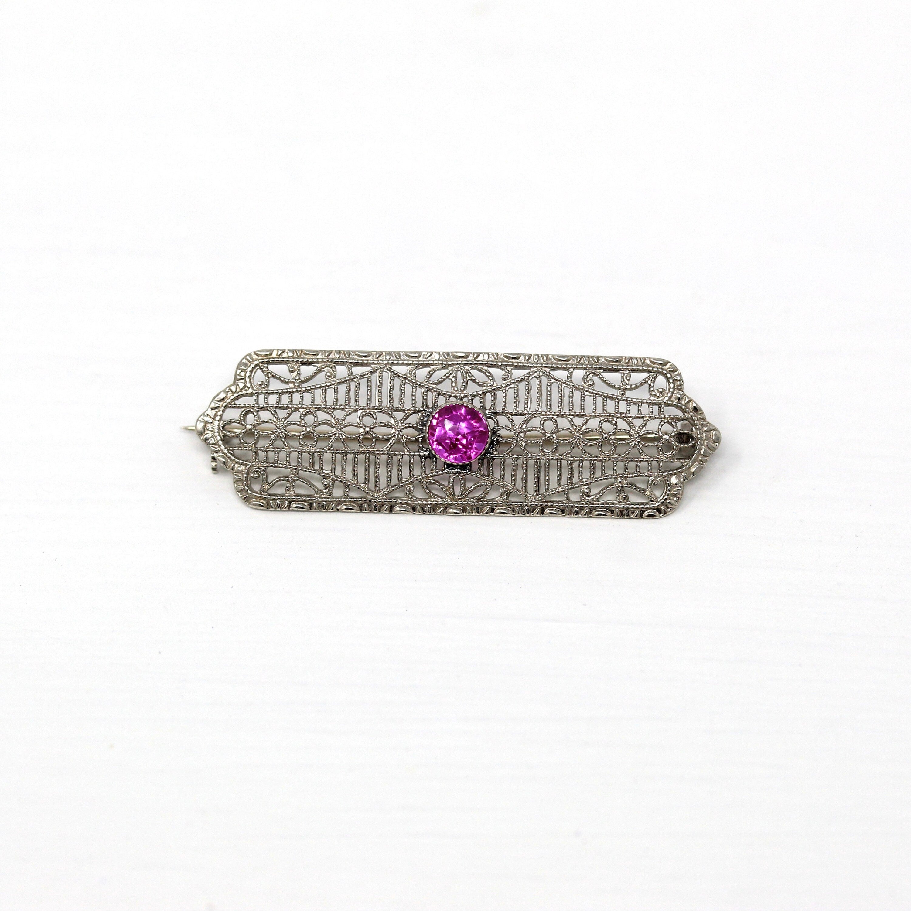 Sale - Art Deco Brooch - Vintage 10k White Gold Created Pink Sapphire .33 CT Stone Pin - Circa 1930s Era Filigree Fashion Accessory Jewelry