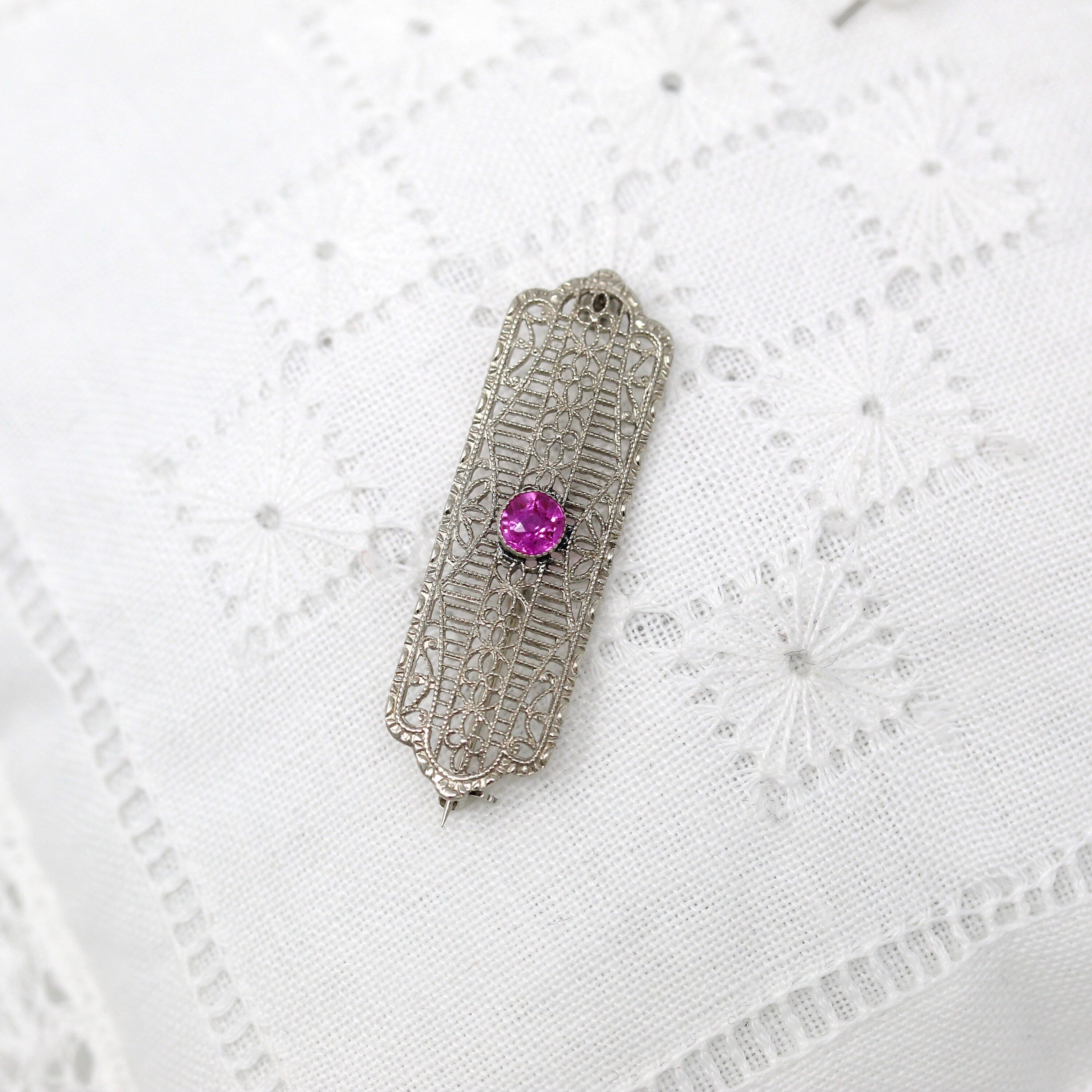 Sale - Art Deco Brooch - Vintage 10k White Gold Created Pink Sapphire .33 CT Stone Pin - Circa 1930s Era Filigree Fashion Accessory Jewelry