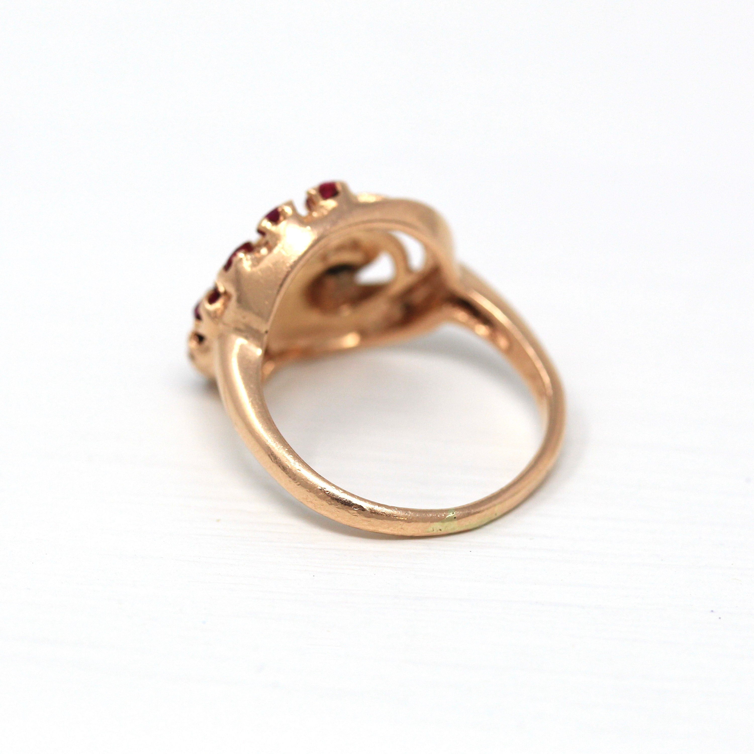 Sale - Retro Cocktail Ring - Vintage 14k Rose Gold .32 CTW Created Rubies Genuine Diamond Gem - Circa 1940s Size 7 Cocktail Fine 40s Jewelry