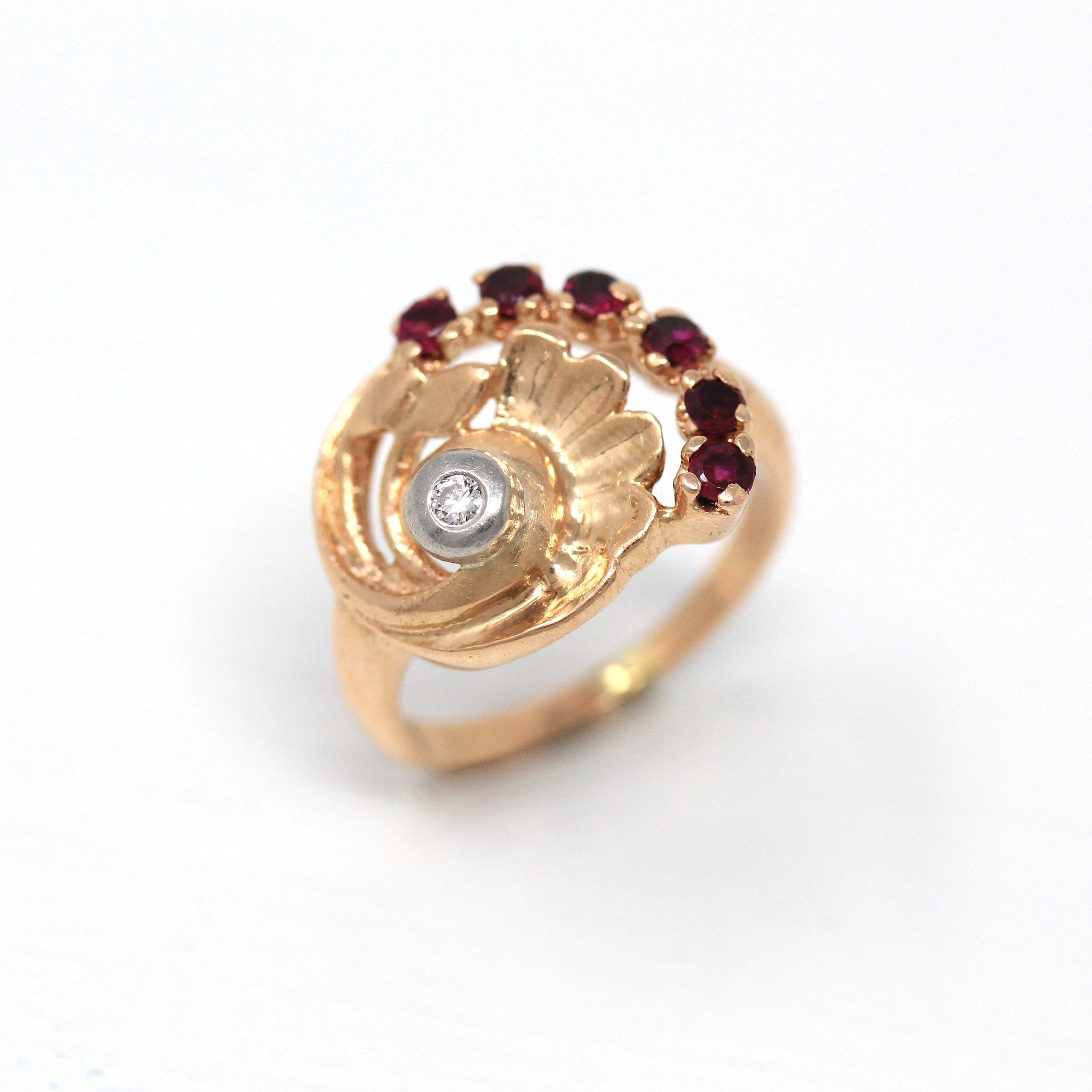 Sale - Retro Cocktail Ring - Vintage 14k Rose Gold .32 CTW Created Rubies Genuine Diamond Gem - Circa 1940s Size 7 Cocktail Fine 40s Jewelry