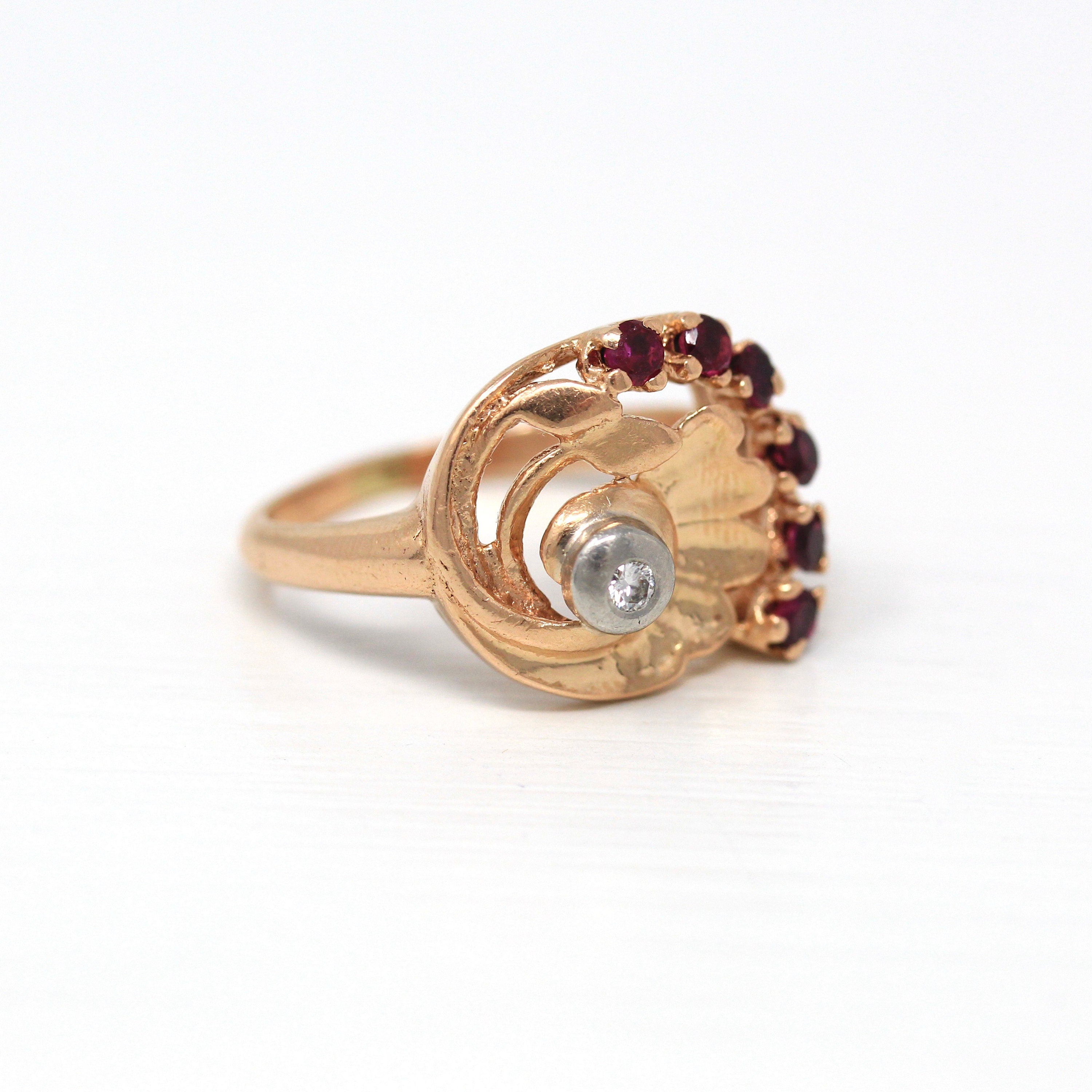 Sale - Retro Cocktail Ring - Vintage 14k Rose Gold .32 CTW Created Rubies Genuine Diamond Gem - Circa 1940s Size 7 Cocktail Fine 40s Jewelry