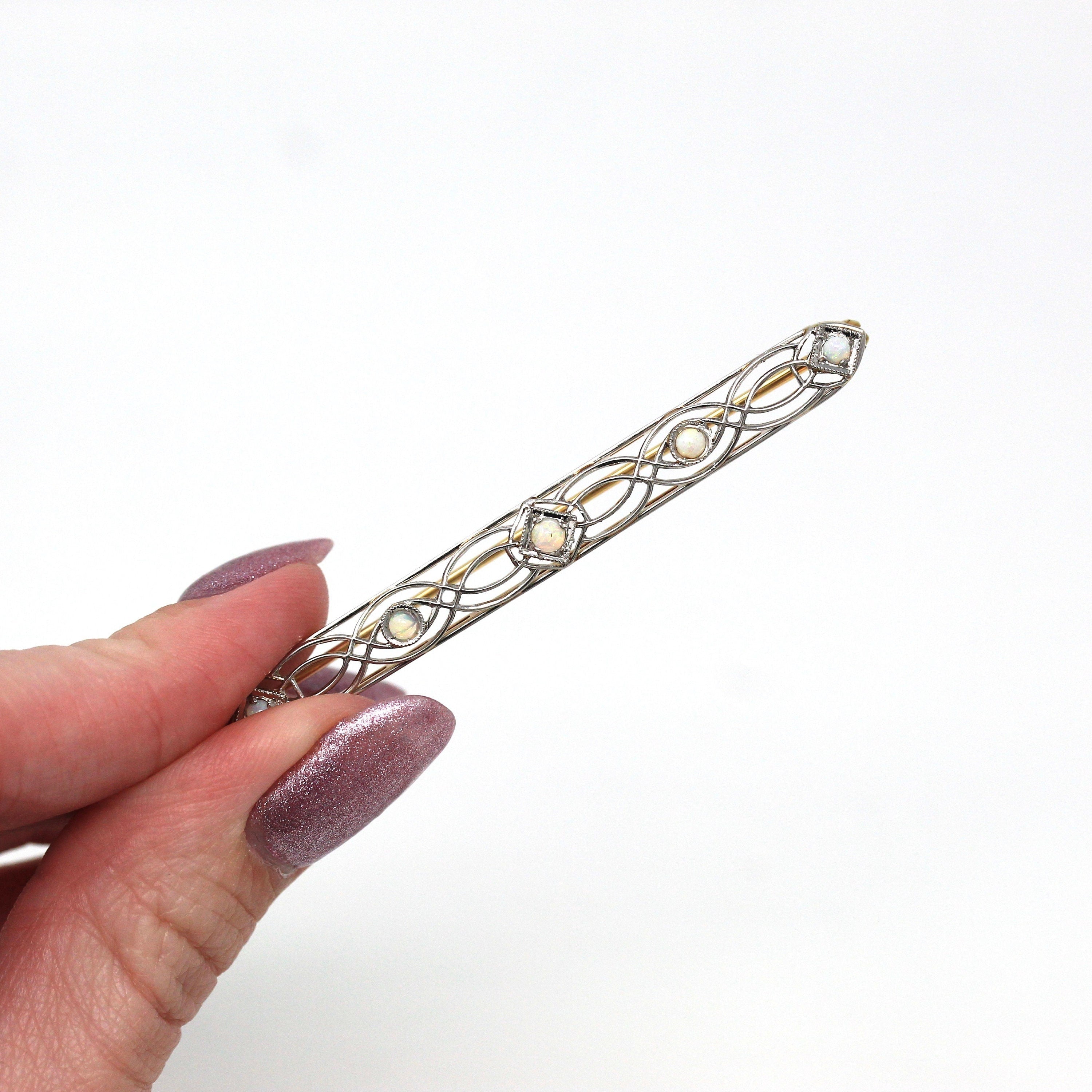 Sale - Vintage Opal Brooch - Antique 10k Yellow Gold & Platinum Long Pin - Vintage 1930s Era Filigree Open Metal Statement Fine 30s Jewelry