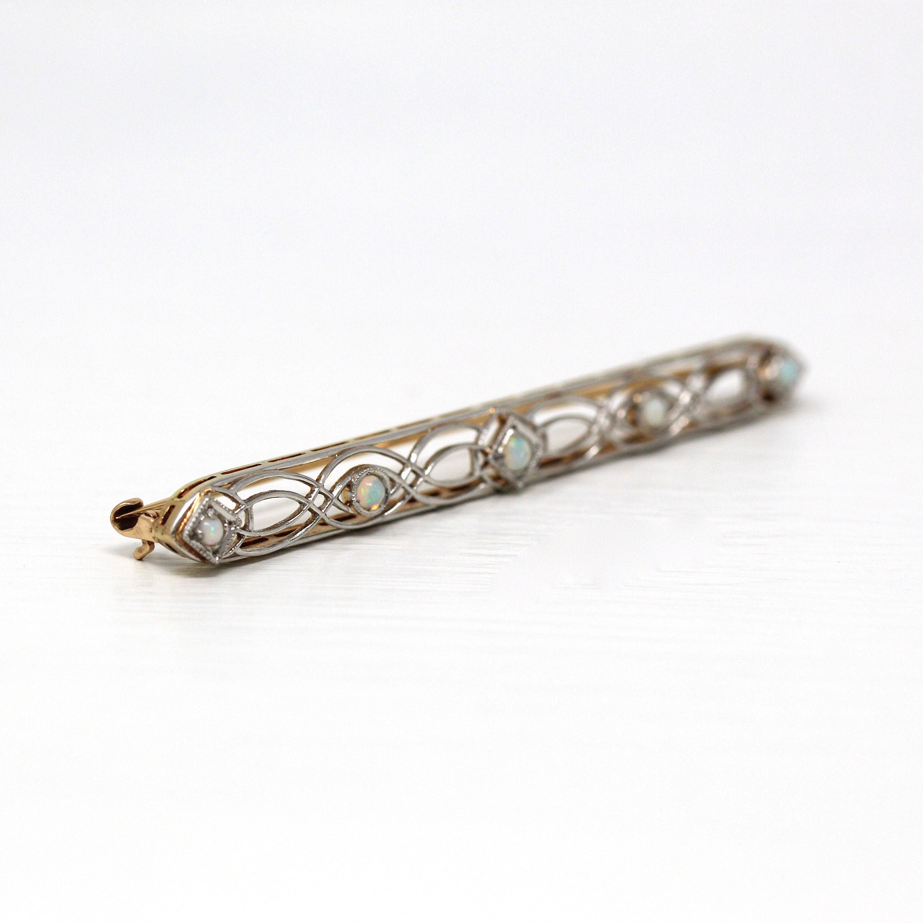 Sale - Vintage Opal Brooch - Antique 10k Yellow Gold & Platinum Long Pin - Vintage 1930s Era Filigree Open Metal Statement Fine 30s Jewelry