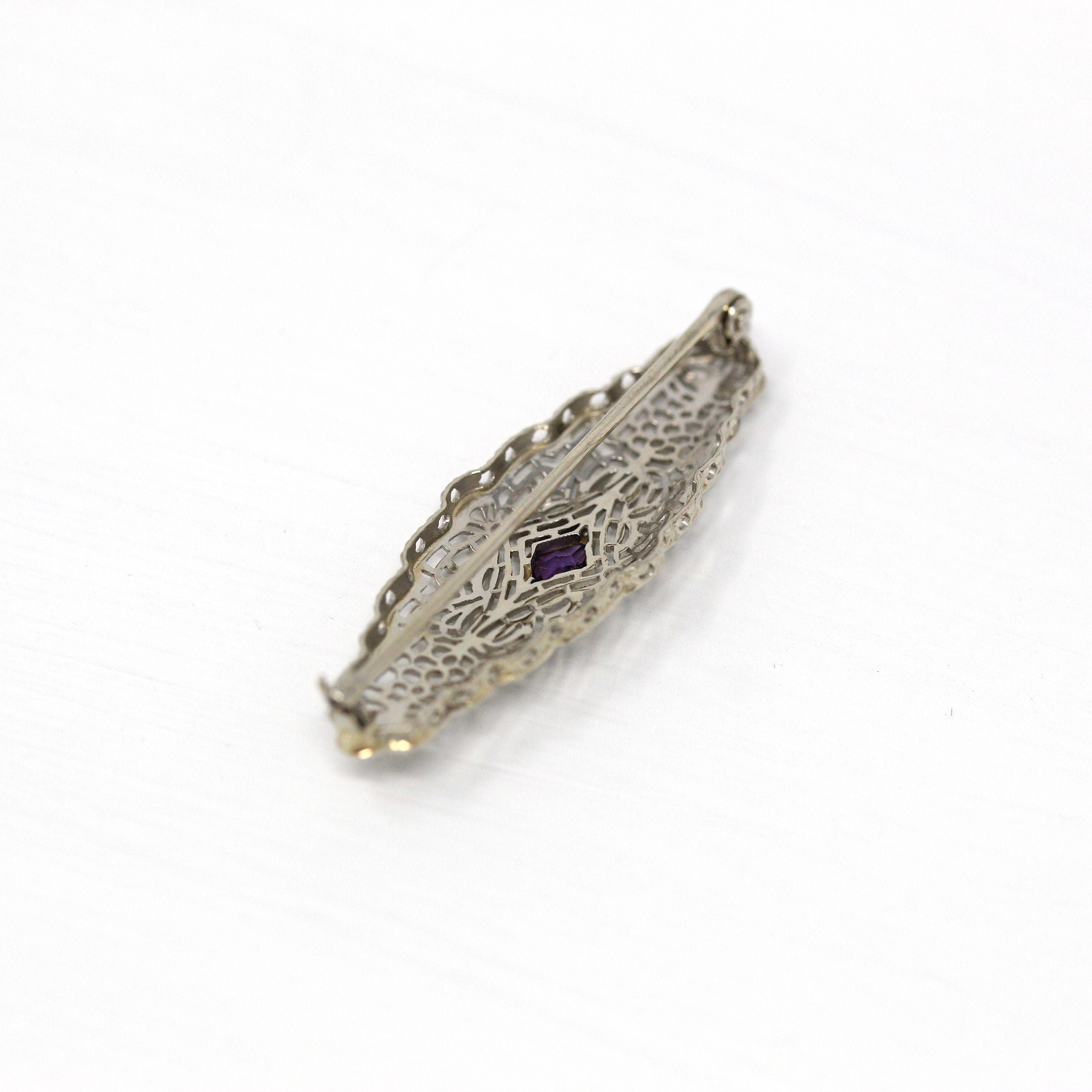 Sale - Art Deco Brooch - Vintage 10k White Gold Simulated Amethyst Purple Glass Pin - Circa 1930s Filigree February Birthstone Fine Jewelry