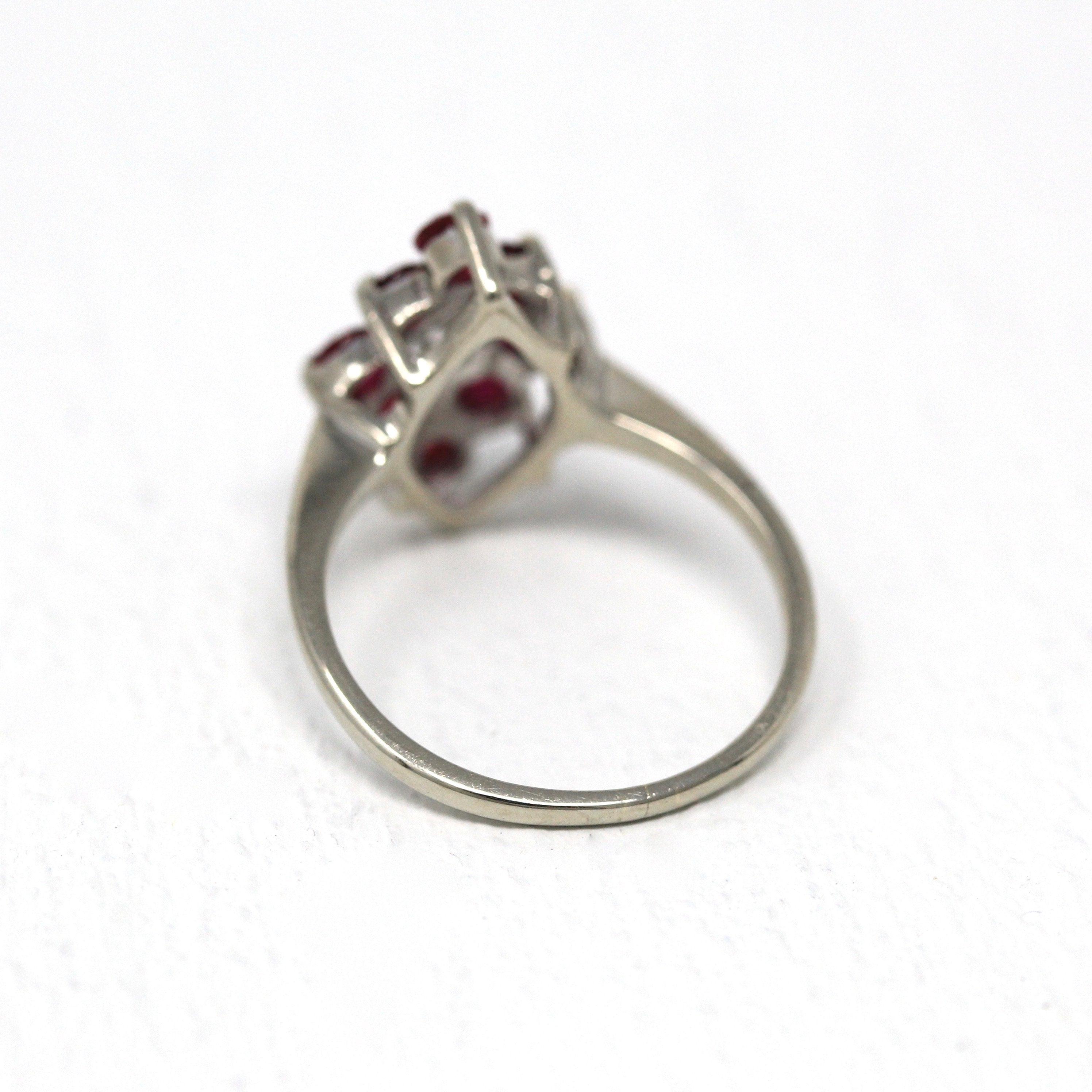 Sale - Modern Navette Ring - Estate 14k White Gold Marquise Cluster Glass Filled Ruby - Modern 2000's Size 5.25 Diamond .2 CT Fine Jewelry