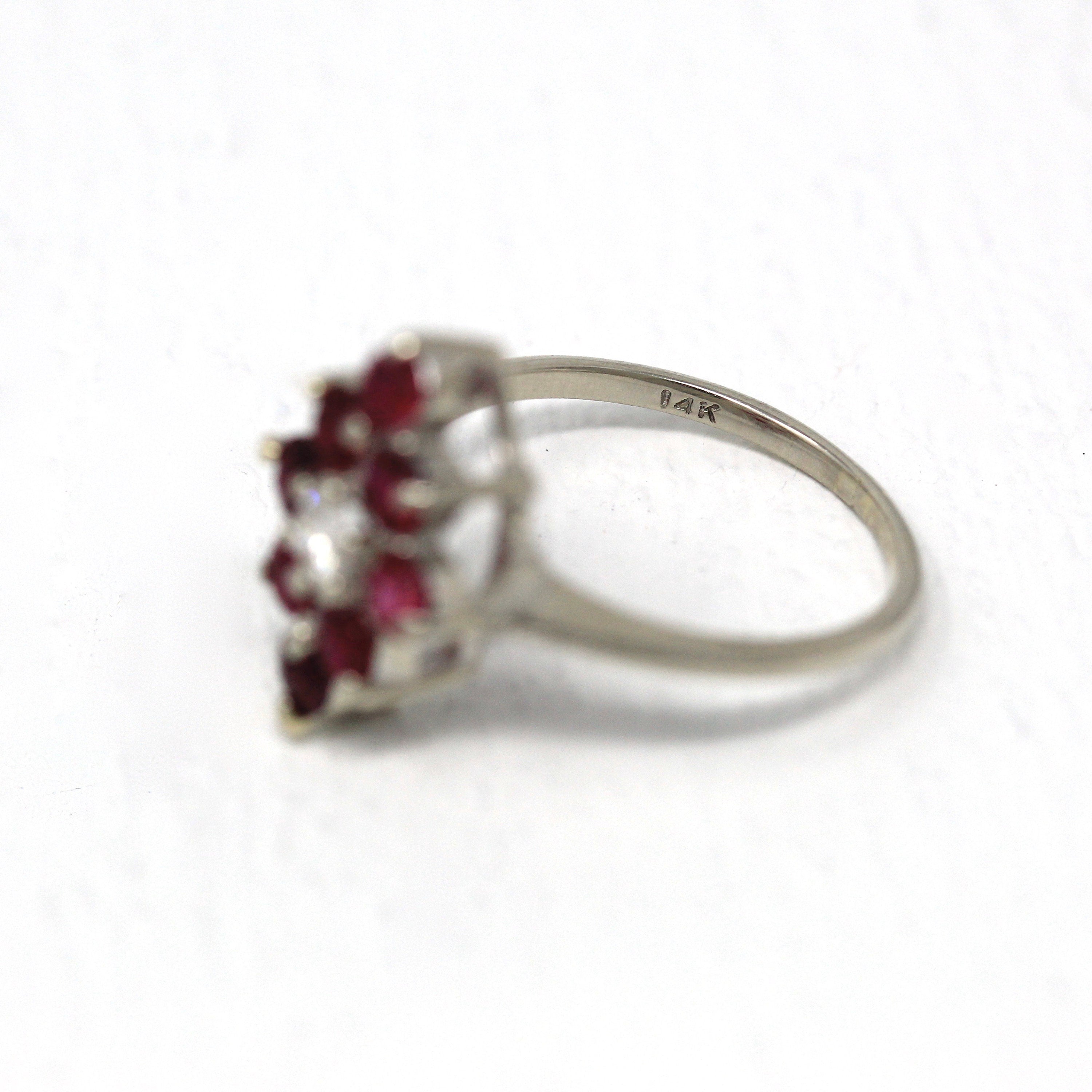 Sale - Modern Navette Ring - Estate 14k White Gold Marquise Cluster Glass Filled Ruby - Modern 2000's Size 5.25 Diamond .2 CT Fine Jewelry