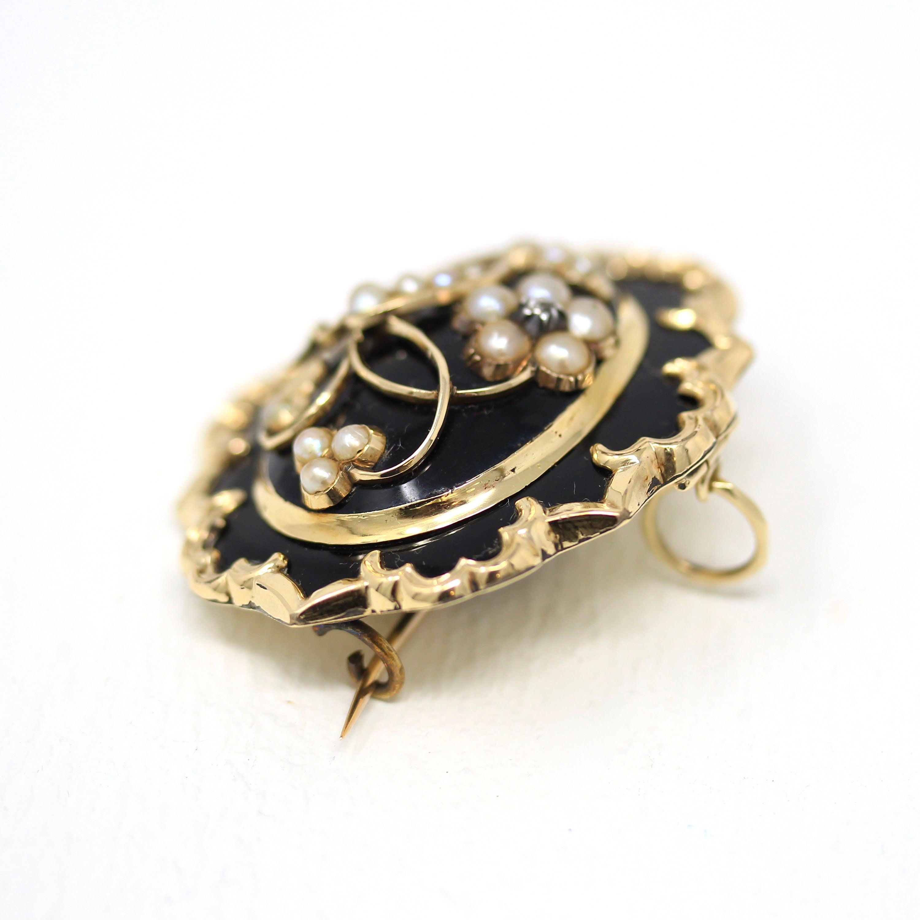 Sale - Antique Hair Brooch - Victorian Gold Shell Black Enamel Cultured Pearls Pin - Circa 1880s Era Genuine Rose Cut Diamond Flower Jewelry