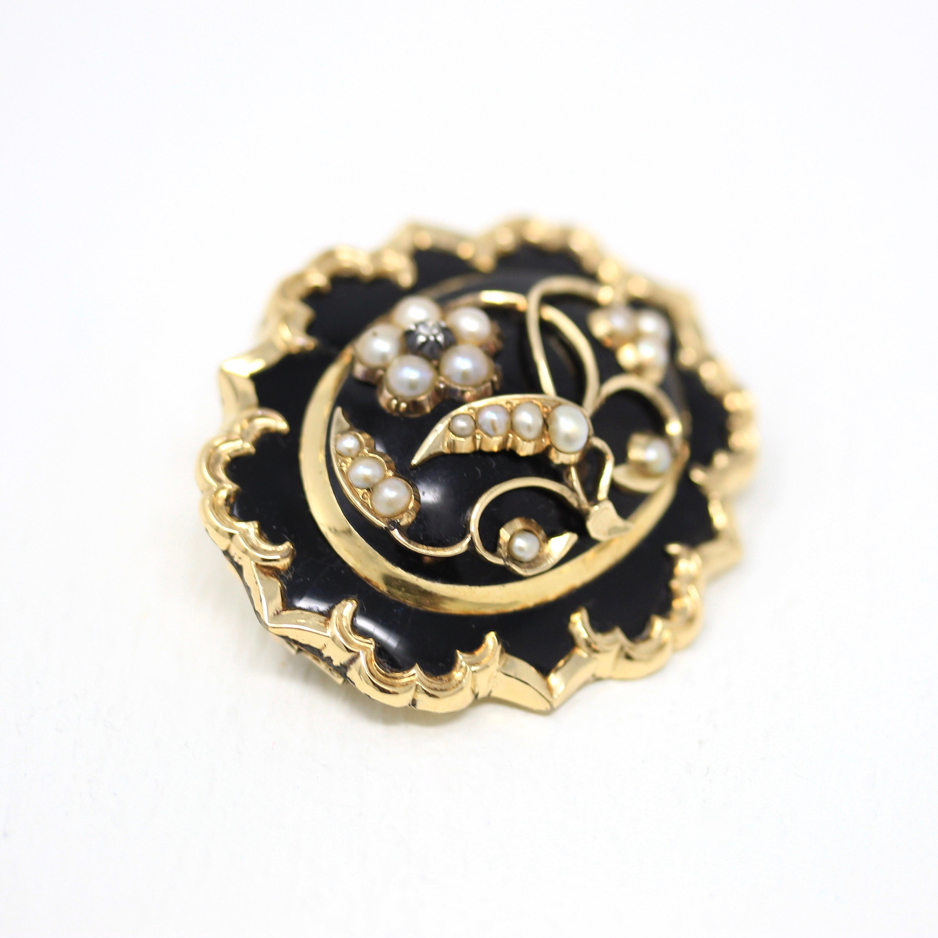 Sale - Antique Hair Brooch - Victorian Gold Shell Black Enamel Cultured Pearls Pin - Circa 1880s Era Genuine Rose Cut Diamond Flower Jewelry