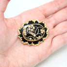 Sale - Antique Hair Brooch - Victorian Gold Shell Black Enamel Cultured Pearls Pin - Circa 1880s Era Genuine Rose Cut Diamond Flower Jewelry