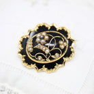 Sale - Antique Hair Brooch - Victorian Gold Shell Black Enamel Cultured Pearls Pin - Circa 1880s Era Genuine Rose Cut Diamond Flower Jewelry