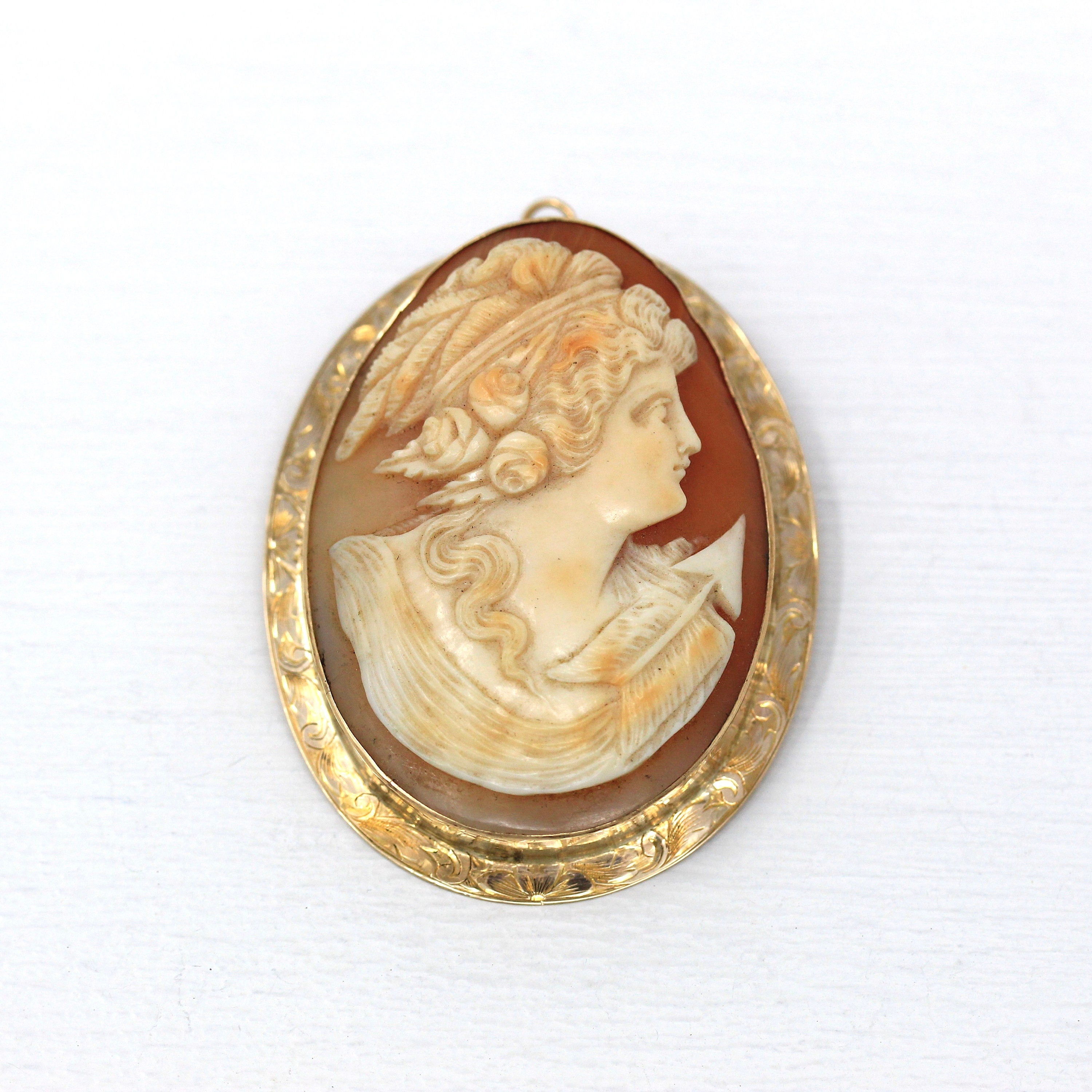 Sale - Antique Cameo Brooch - Edwardian 10k Yellow Gold Carved Shell Pendant Necklace - Circa 1910s Era Statement Fashion Accessory Jewelry